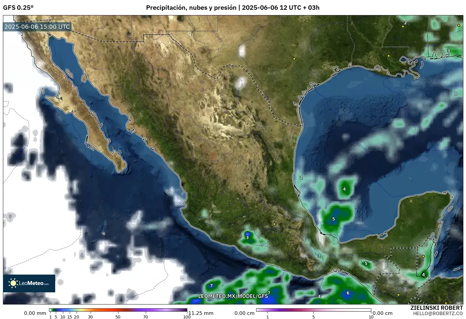GFS model - México, Precipitación, nubes y presión GFS model - México, Precipitación, nubes y presión