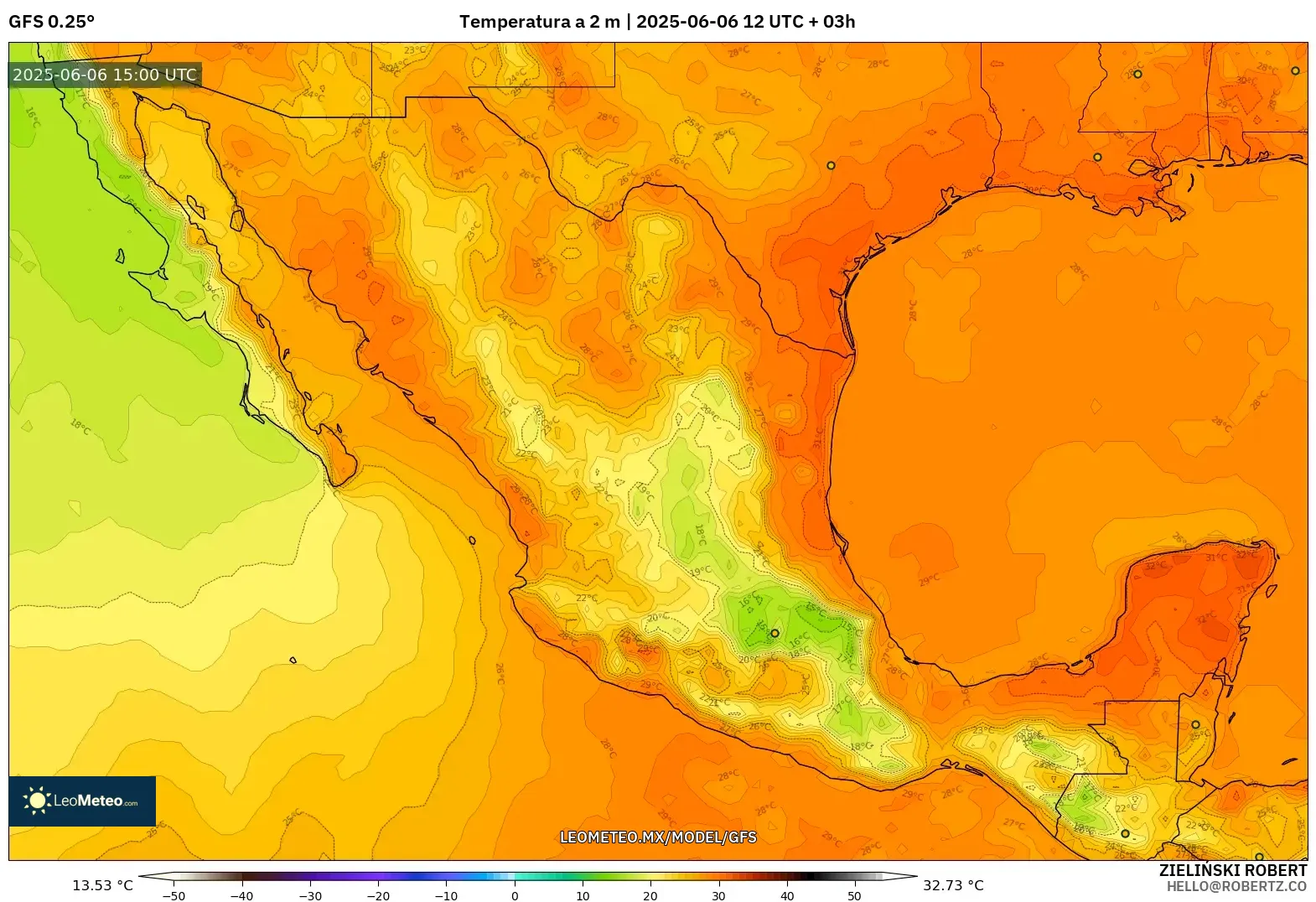 GFS model - México, Temperatura a 2 m GFS model - México, Temperatura a 2 m