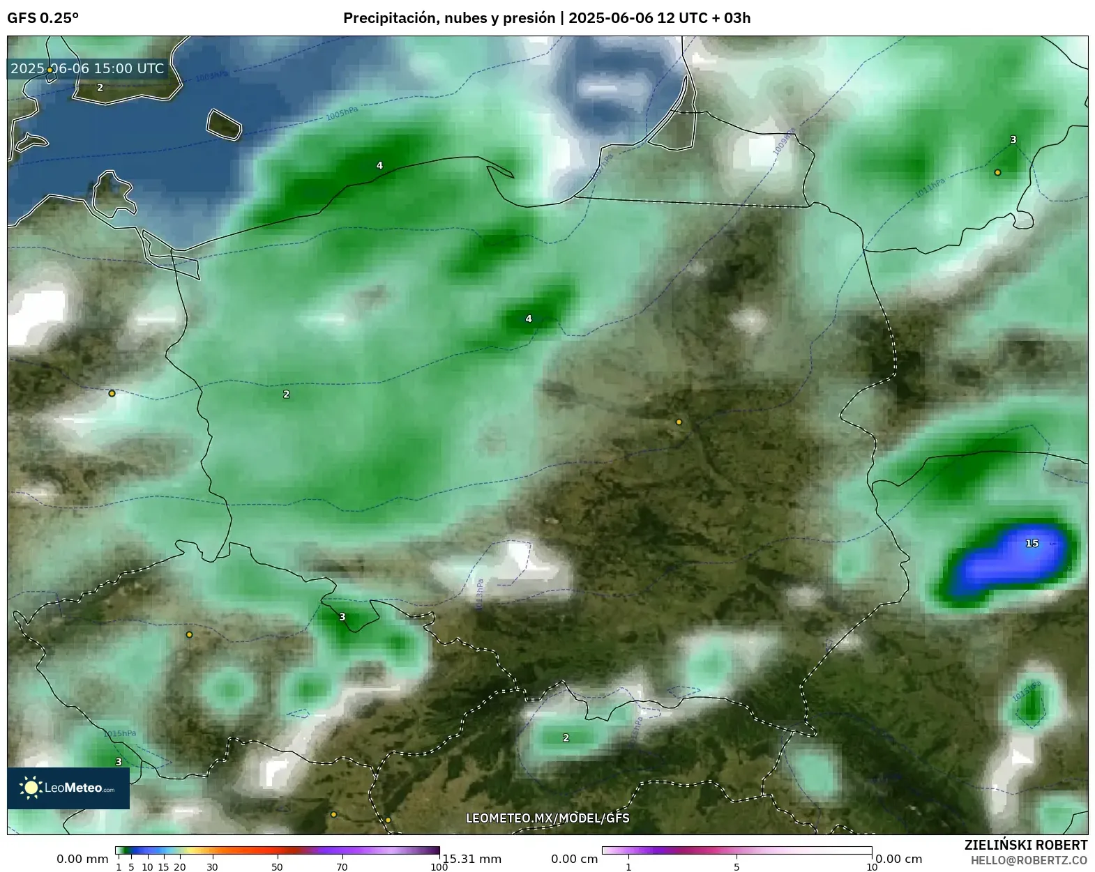 GFS model - Polonia, Precipitación, nubes y presión GFS model - Polonia, Precipitación, nubes y presión