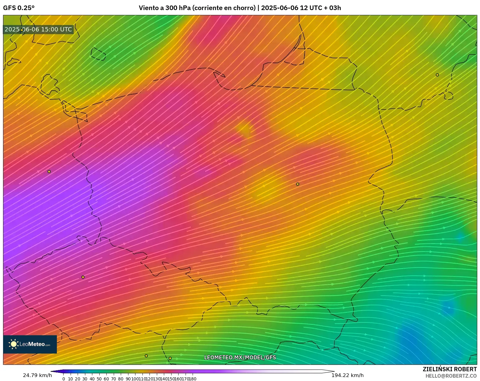 GFS model - Polonia, Viento a 300 hPa (corriente en chorro) GFS model - Polonia, Viento a 300 hPa (corriente en chorro)