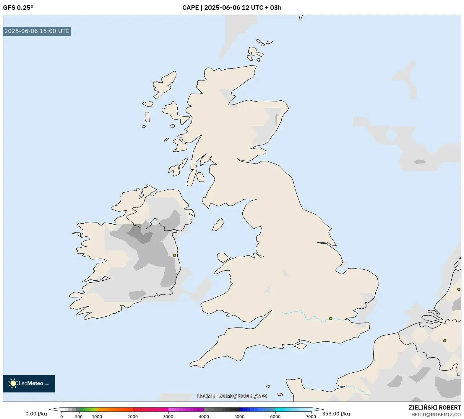 GFS model - Reino Unido, CAPE GFS model - Reino Unido, CAPE