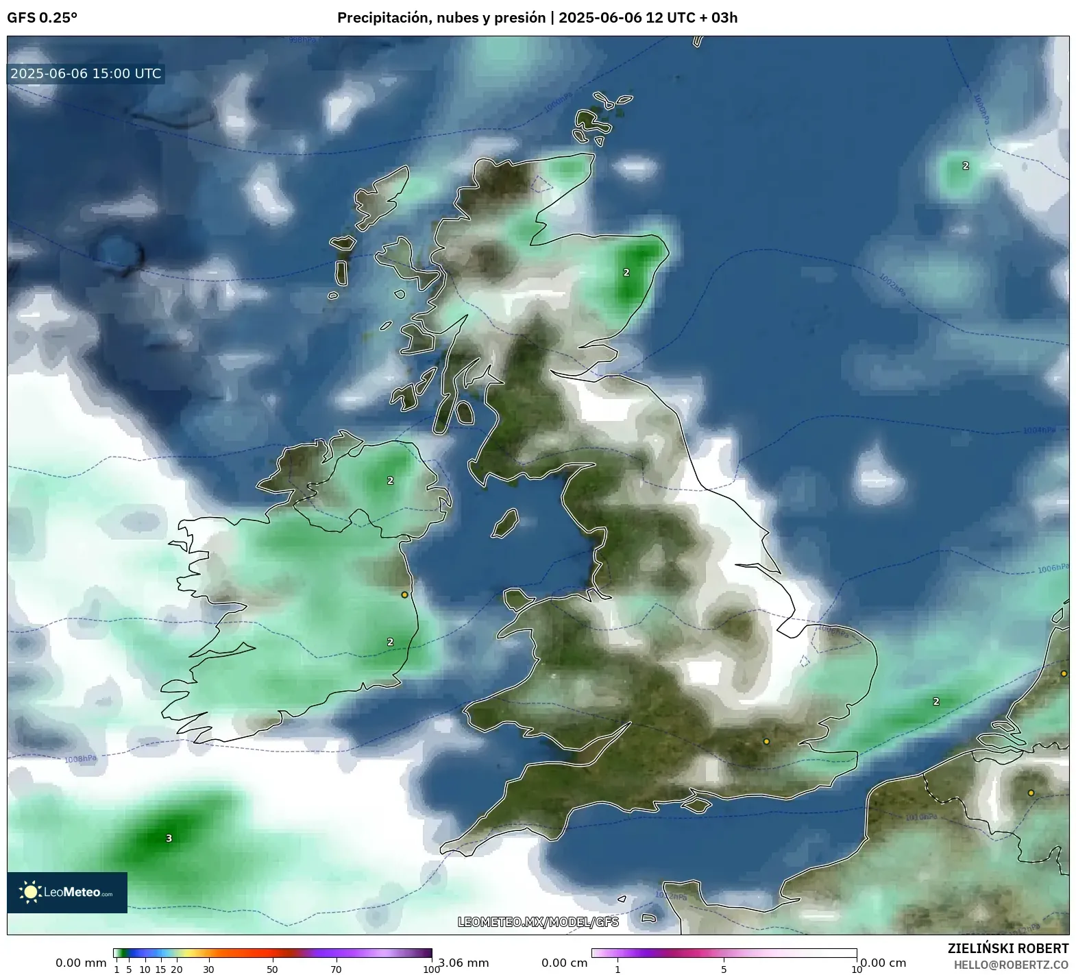 GFS model - Reino Unido, Precipitación, nubes y presión GFS model - Reino Unido, Precipitación, nubes y presión