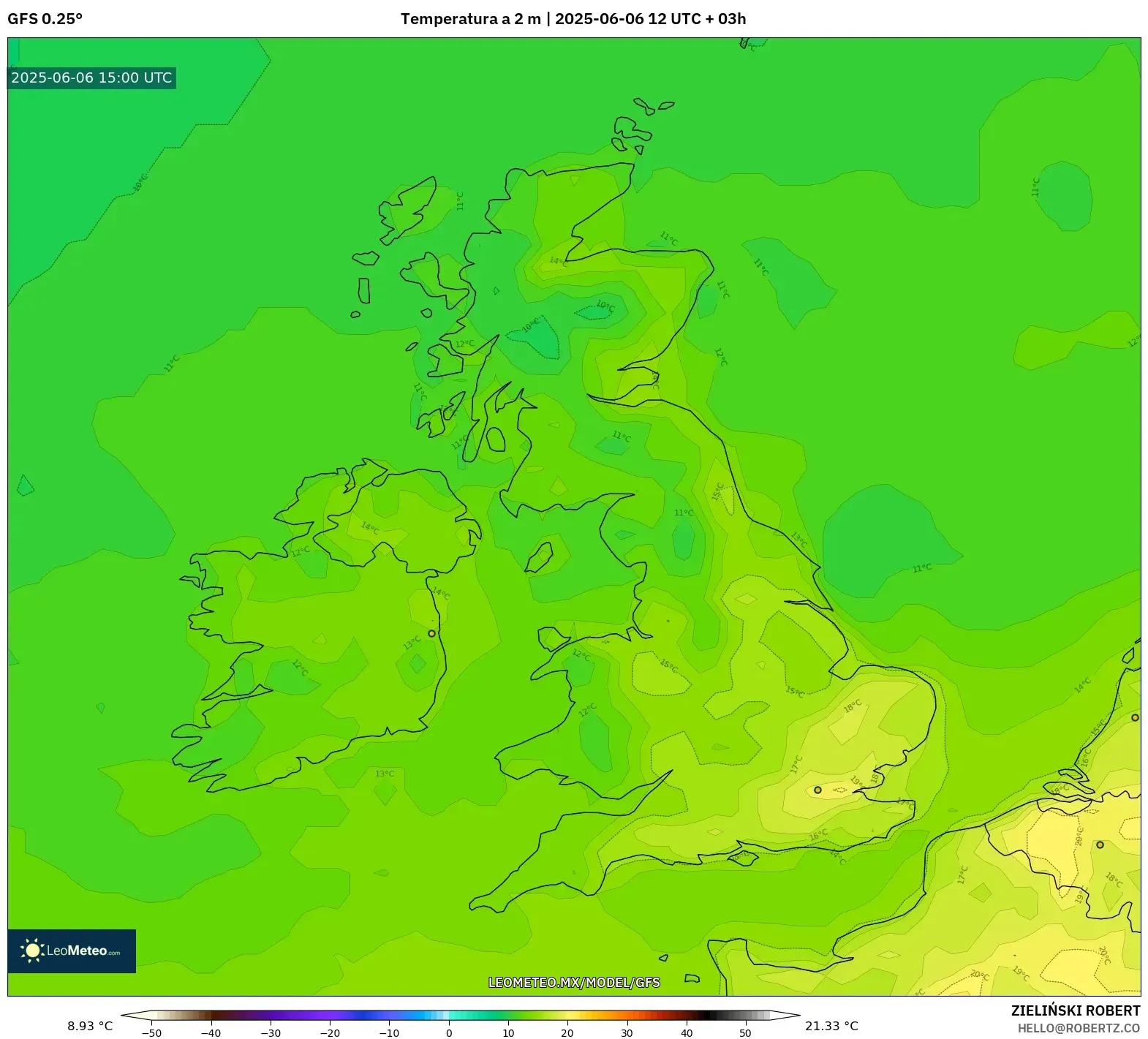 GFS model - Reino Unido, Temperatura a 2 m GFS model - Reino Unido, Temperatura a 2 m