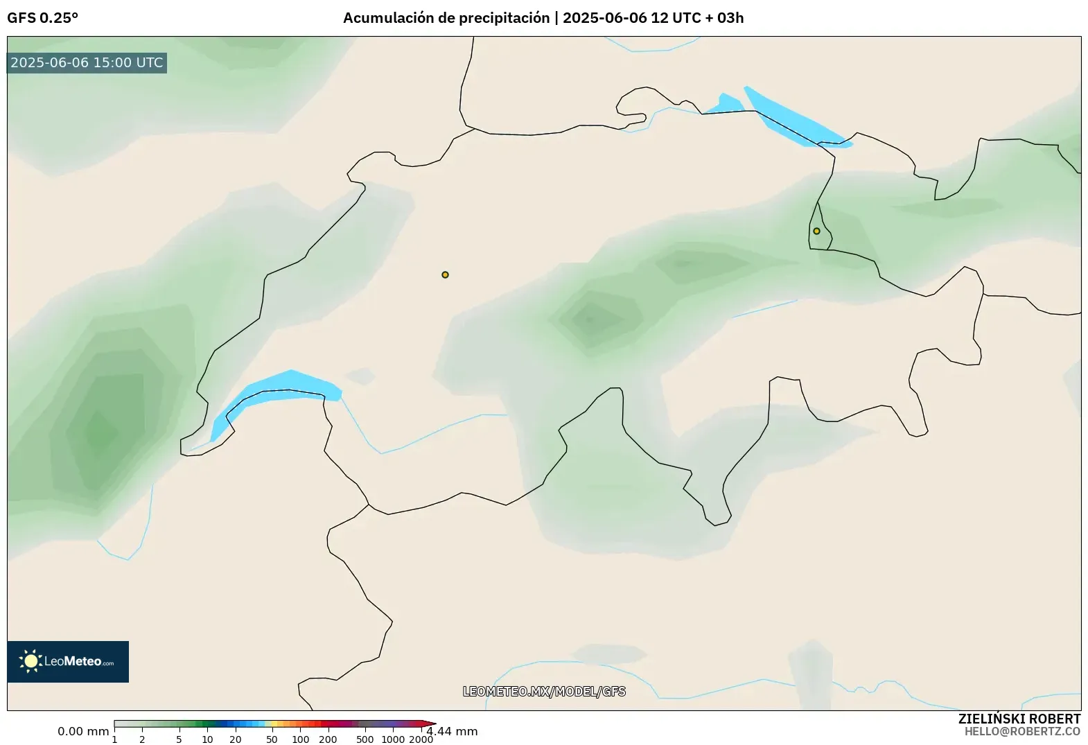GFS model - Suiza, Acumulación de precipitación GFS model - Suiza, Acumulación de precipitación
