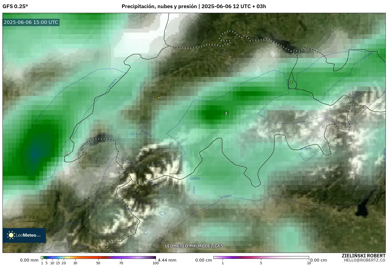 GFS model - Suiza, Precipitación, nubes y presión GFS model - Suiza, Precipitación, nubes y presión