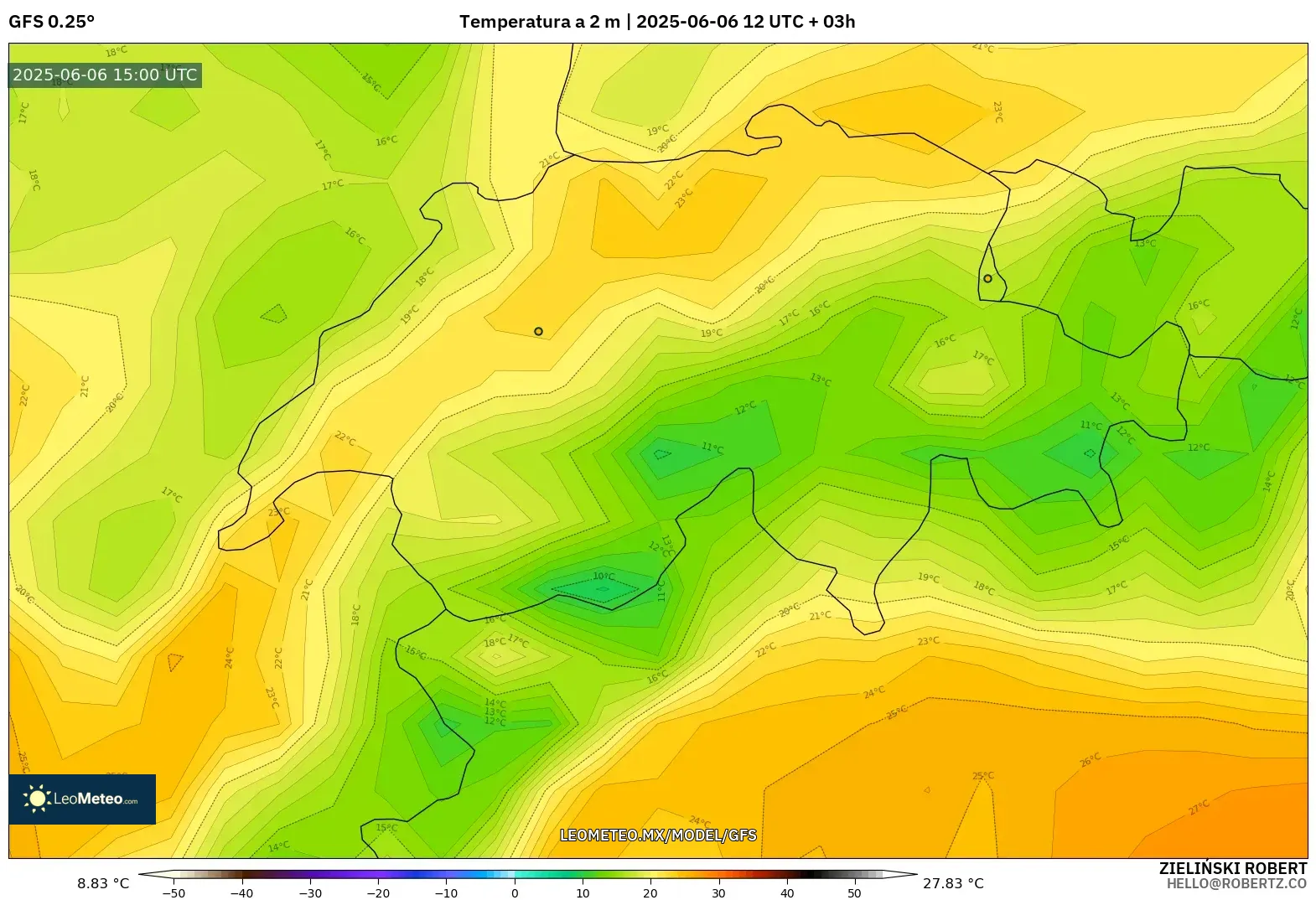 GFS model - Suiza, Temperatura a 2 m GFS model - Suiza, Temperatura a 2 m