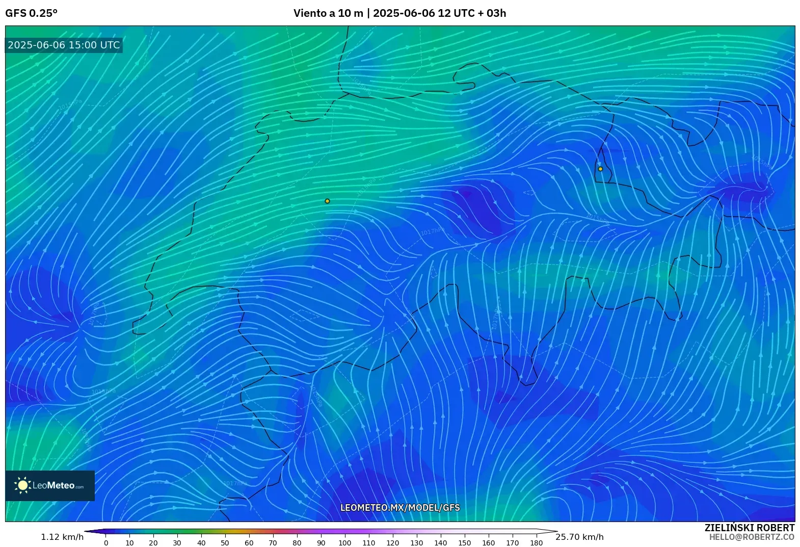 GFS model - Suiza, Viento a 10 m GFS model - Suiza, Viento a 10 m