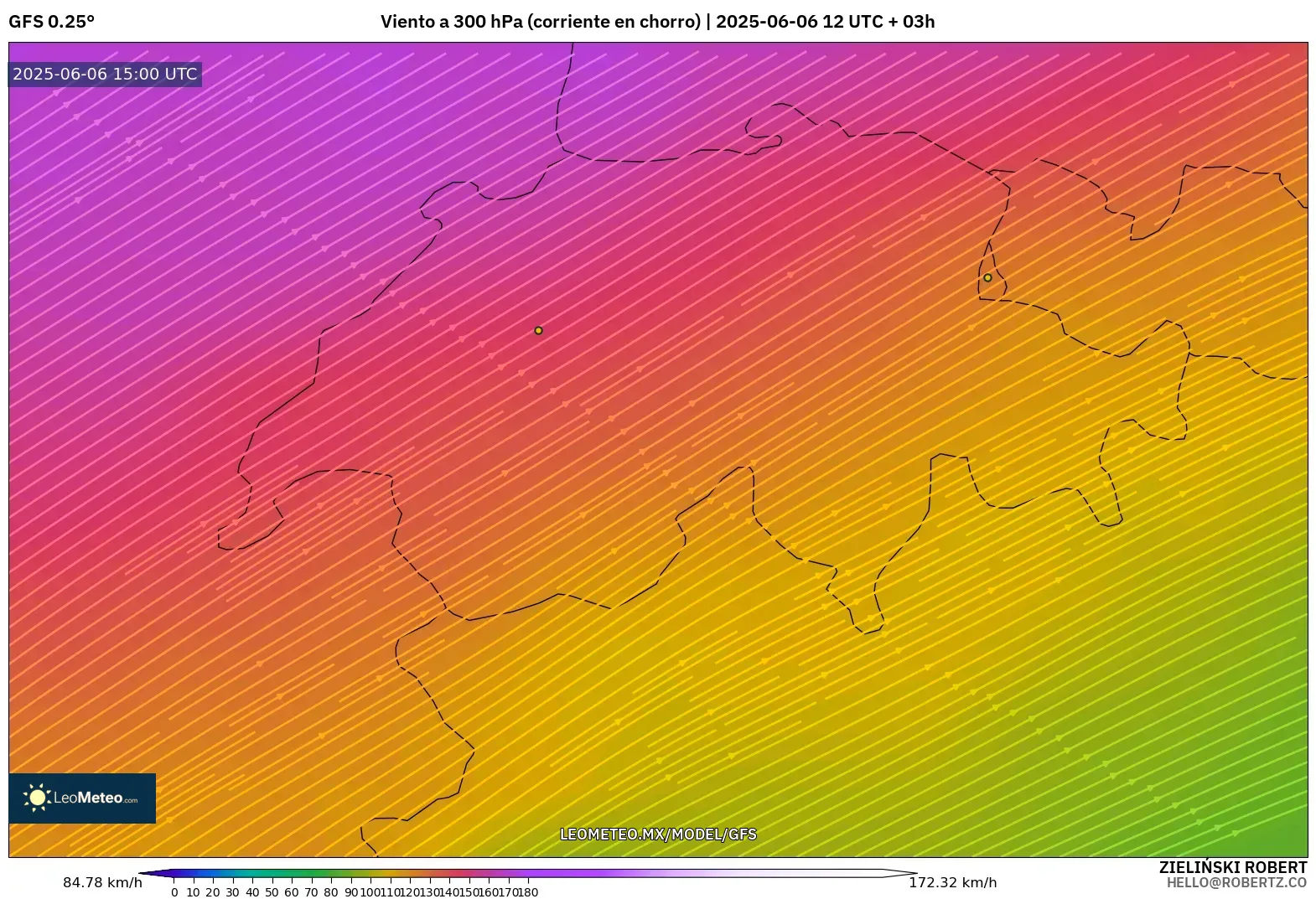 GFS model - Suiza, Viento a 300 hPa (corriente en chorro) GFS model - Suiza, Viento a 300 hPa (corriente en chorro)