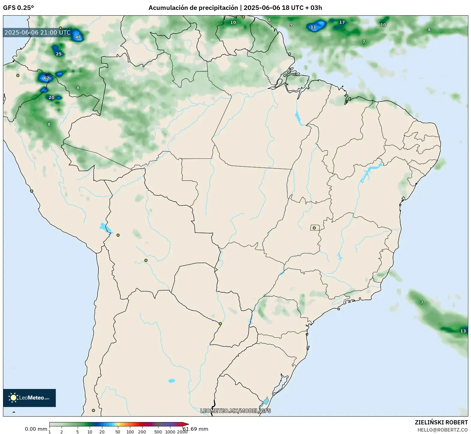 GFS model - Brasil, Acumulación de precipitación GFS model - Brasil, Acumulación de precipitación