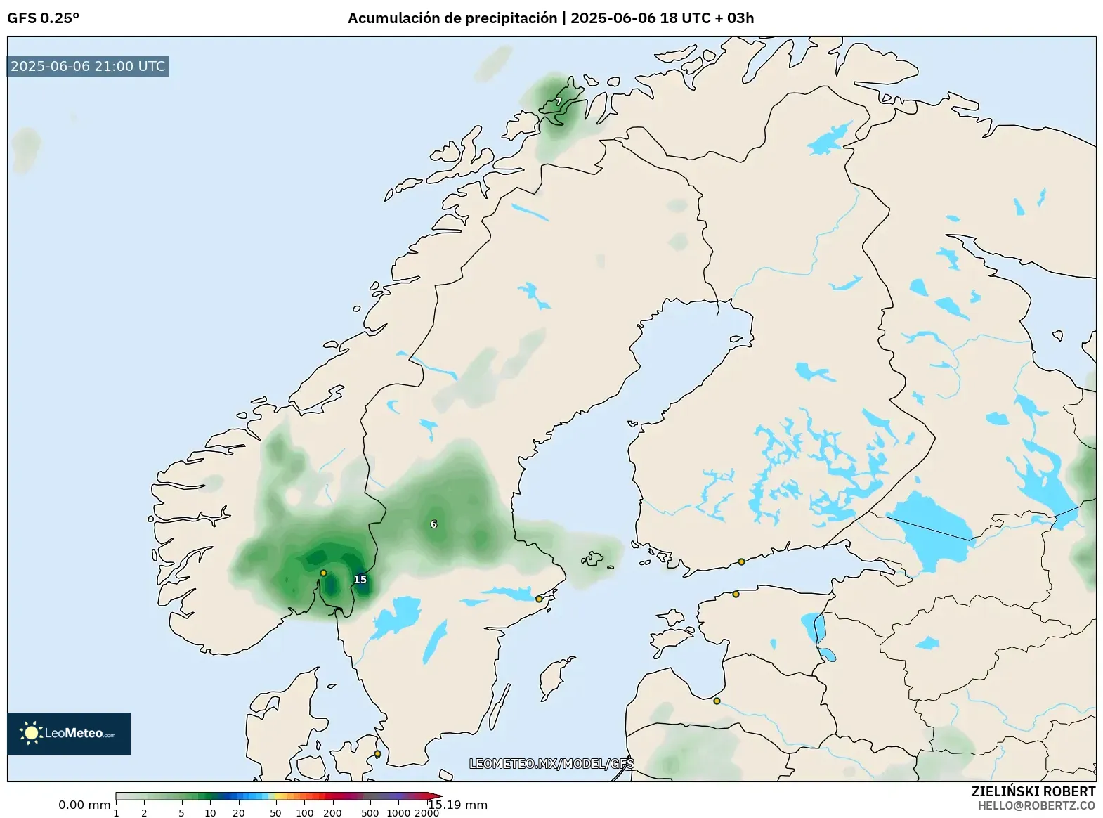 GFS model - Escandinavia, Acumulación de precipitación GFS model - Escandinavia, Acumulación de precipitación
