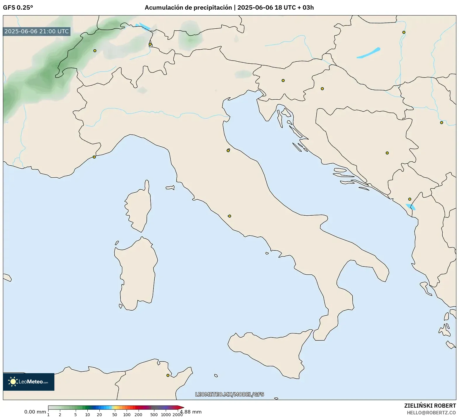 GFS model - Italia, Acumulación de precipitación GFS model - Italia, Acumulación de precipitación