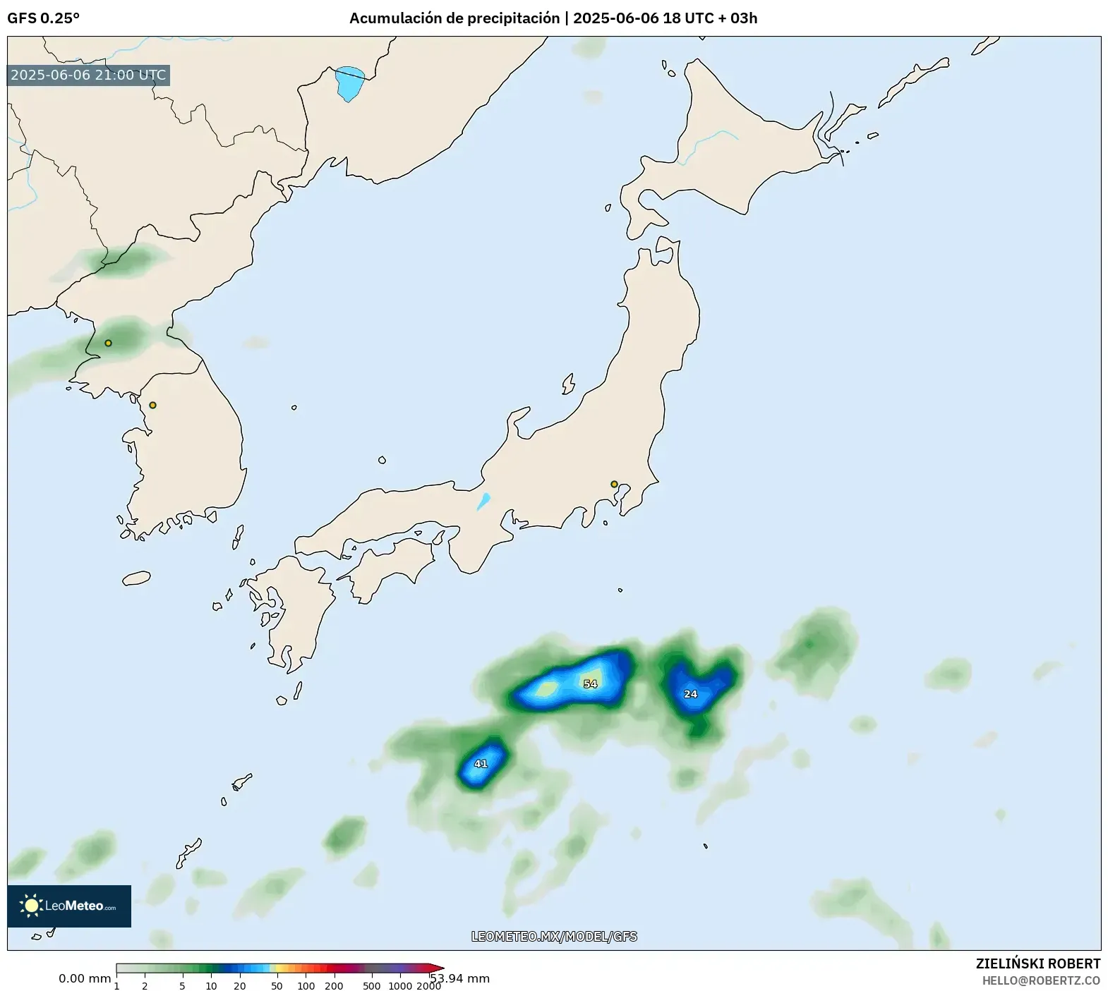 GFS model - Japón, Acumulación de precipitación GFS model - Japón, Acumulación de precipitación