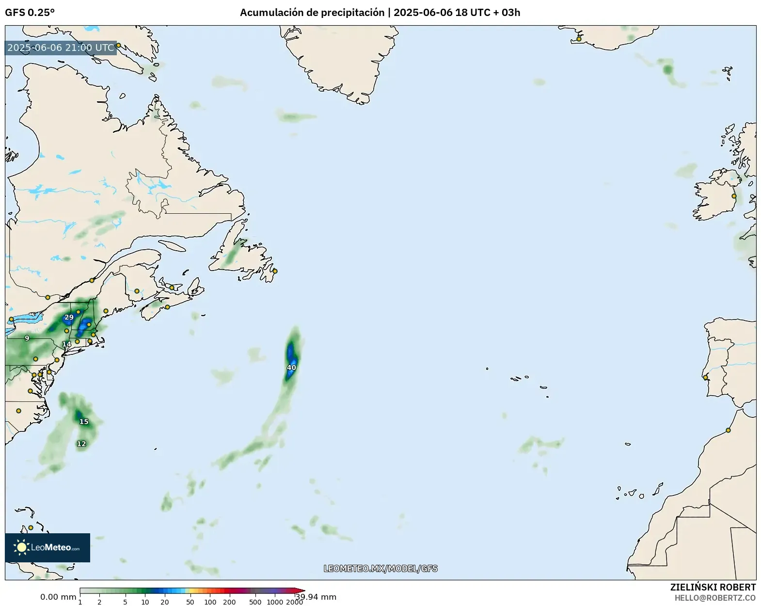 GFS model - Norte Atlántico, Acumulación de precipitación GFS model - Norte Atlántico, Acumulación de precipitación