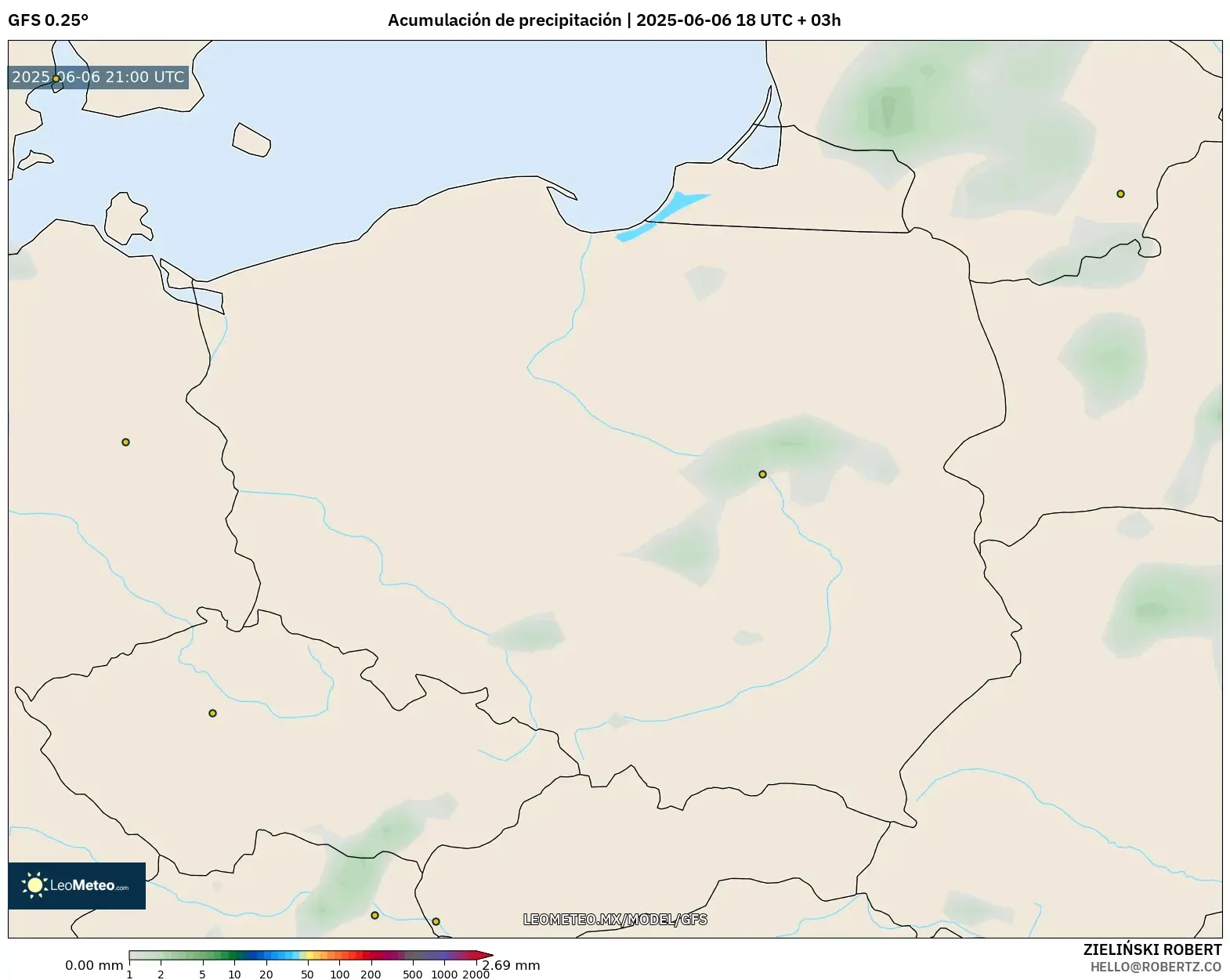 GFS model - Polonia, Acumulación de precipitación GFS model - Polonia, Acumulación de precipitación