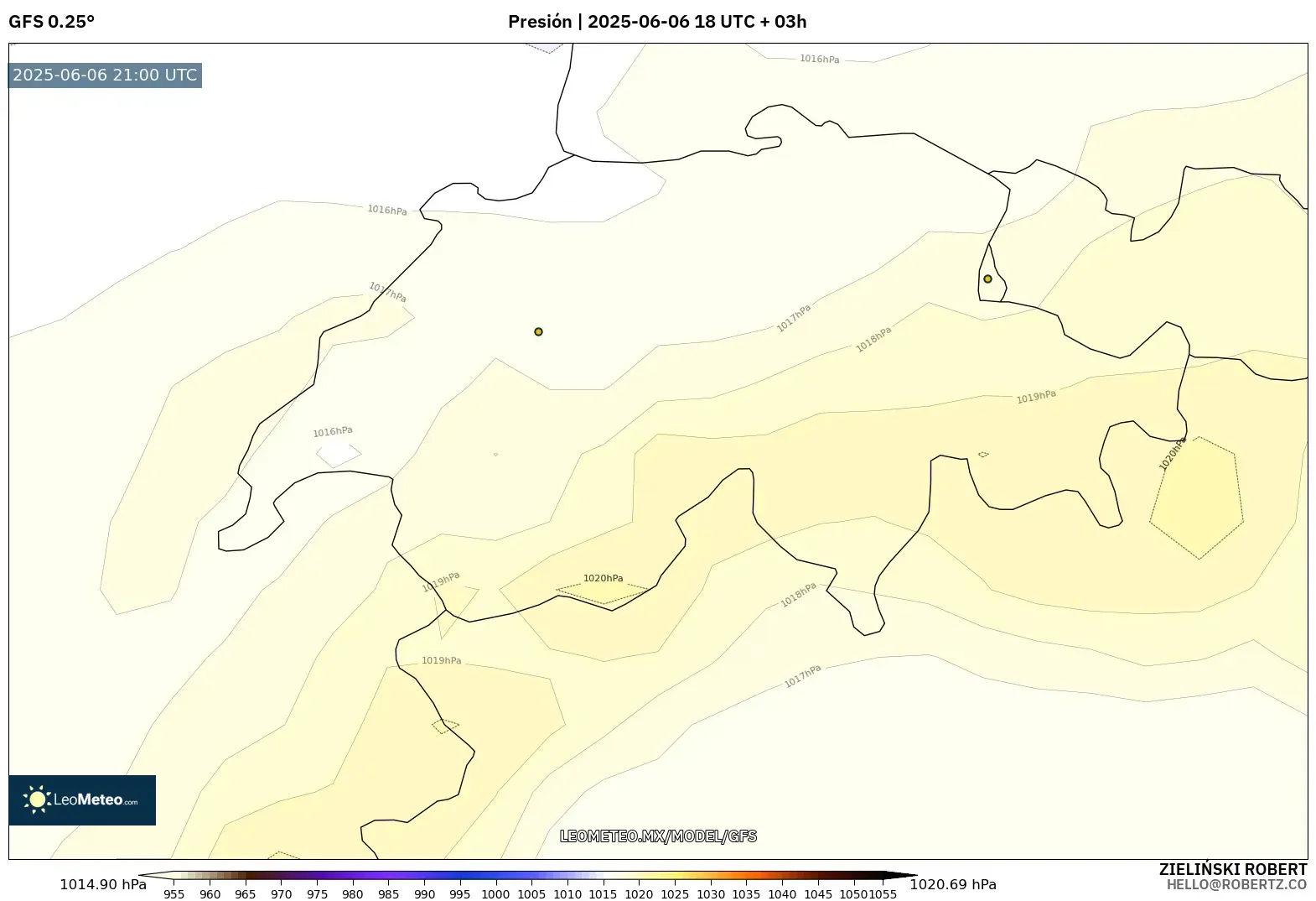 GFS model - Suiza, Presión GFS model - Suiza, Presión