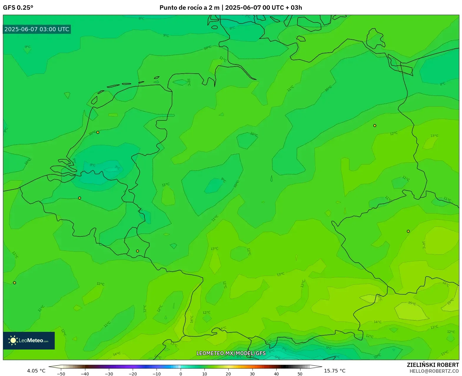 GFS model - Alemania, Punto de rocío a 2 m GFS model - Alemania, Punto de rocío a 2 m