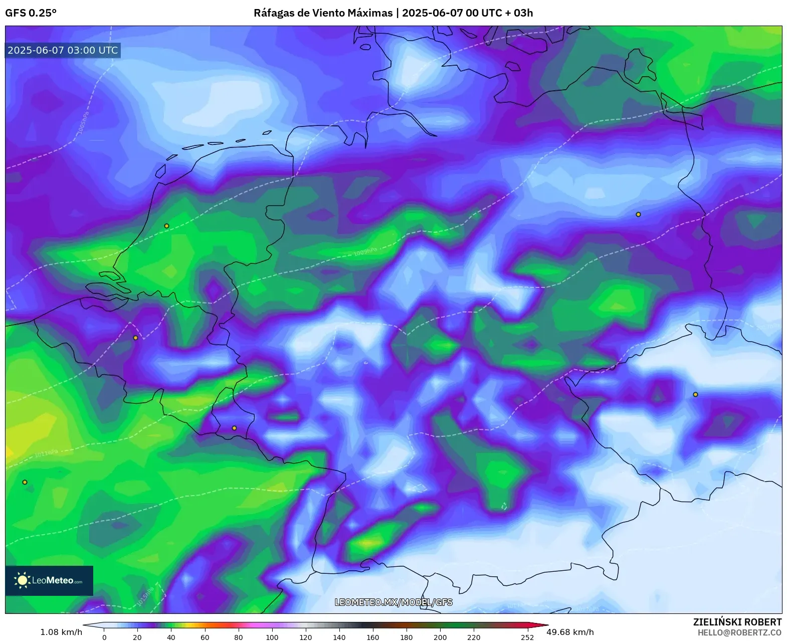 GFS model - Alemania, Ráfagas de Viento Máximas GFS model - Alemania, Ráfagas de Viento Máximas