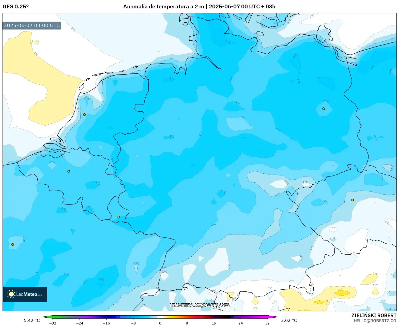 GFS model - Alemania, Anomalía de temperatura a 2 m GFS model - Alemania, Anomalía de temperatura a 2 m