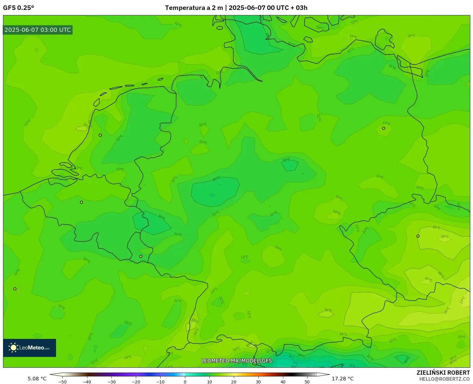 GFS model - Alemania, Temperatura a 2 m GFS model - Alemania, Temperatura a 2 m