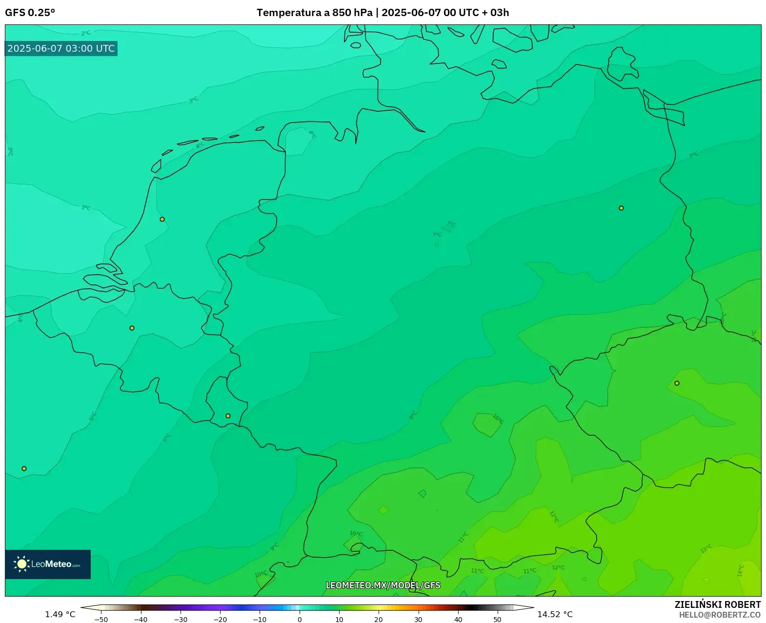 GFS model - Alemania, Temperatura a 850 hPa GFS model - Alemania, Temperatura a 850 hPa