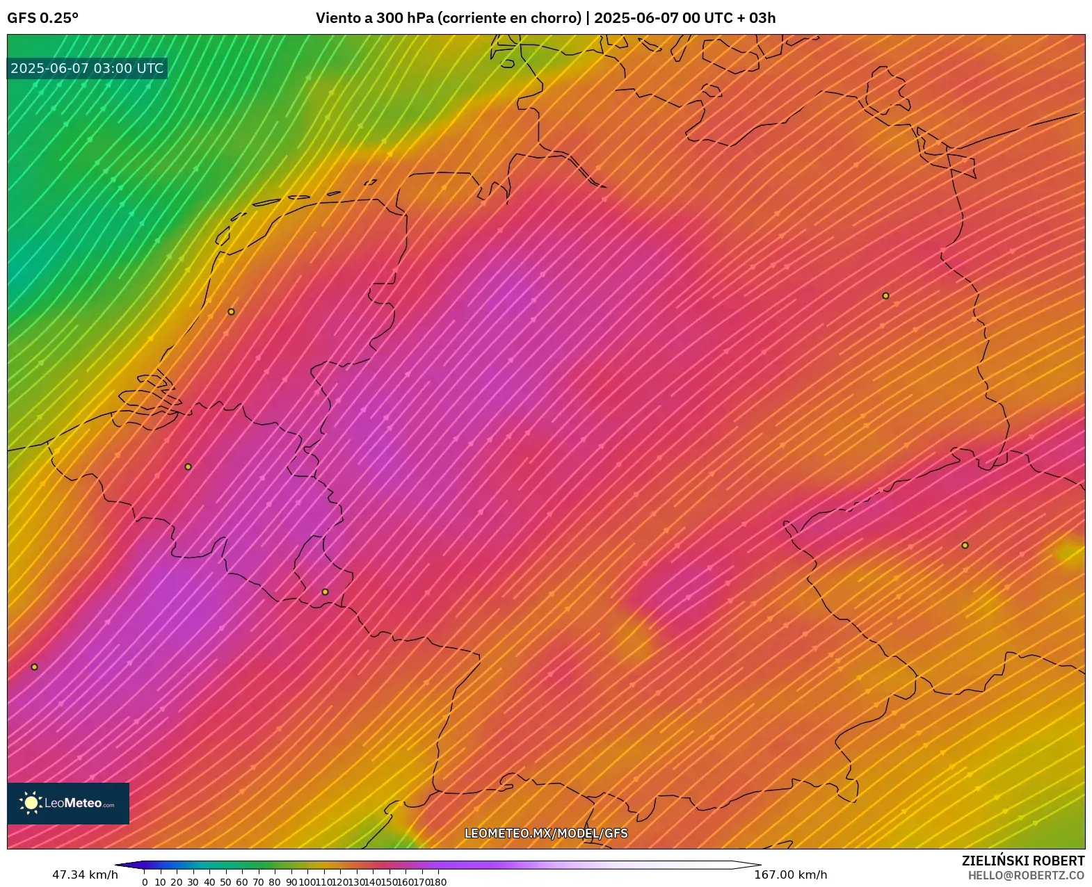 GFS model - Alemania, Viento a 300 hPa (corriente en chorro) GFS model - Alemania, Viento a 300 hPa (corriente en chorro)