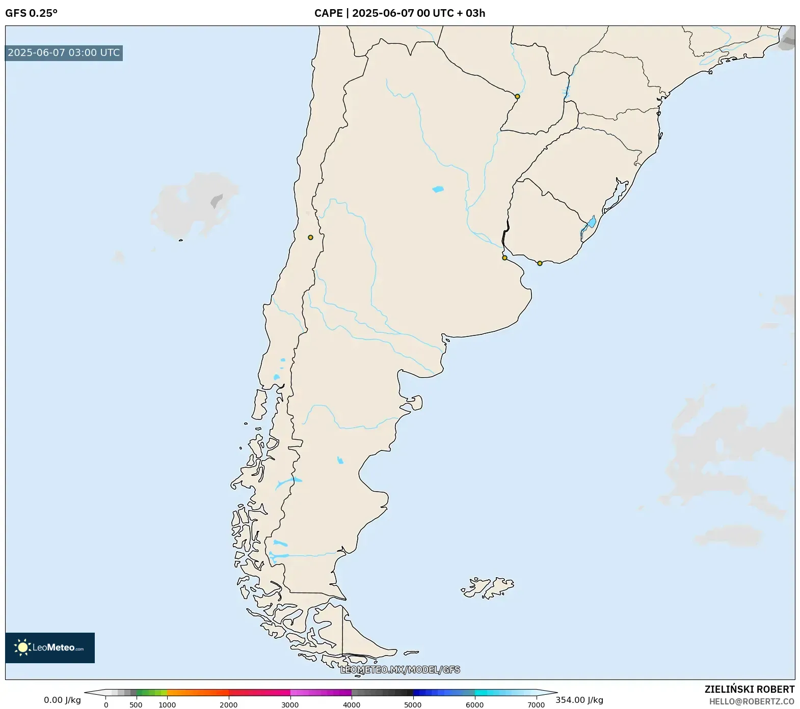 GFS model - Argentina, CAPE GFS model - Argentina, CAPE