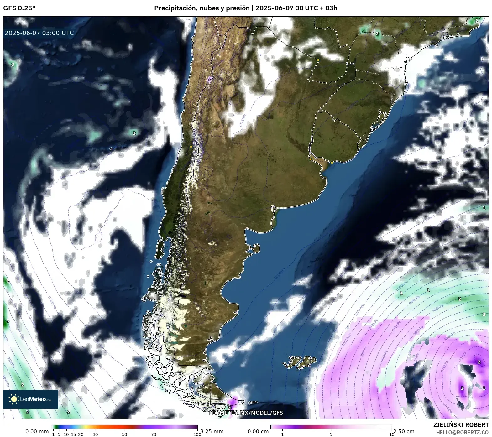 GFS model - Argentina, Precipitación, nubes y presión