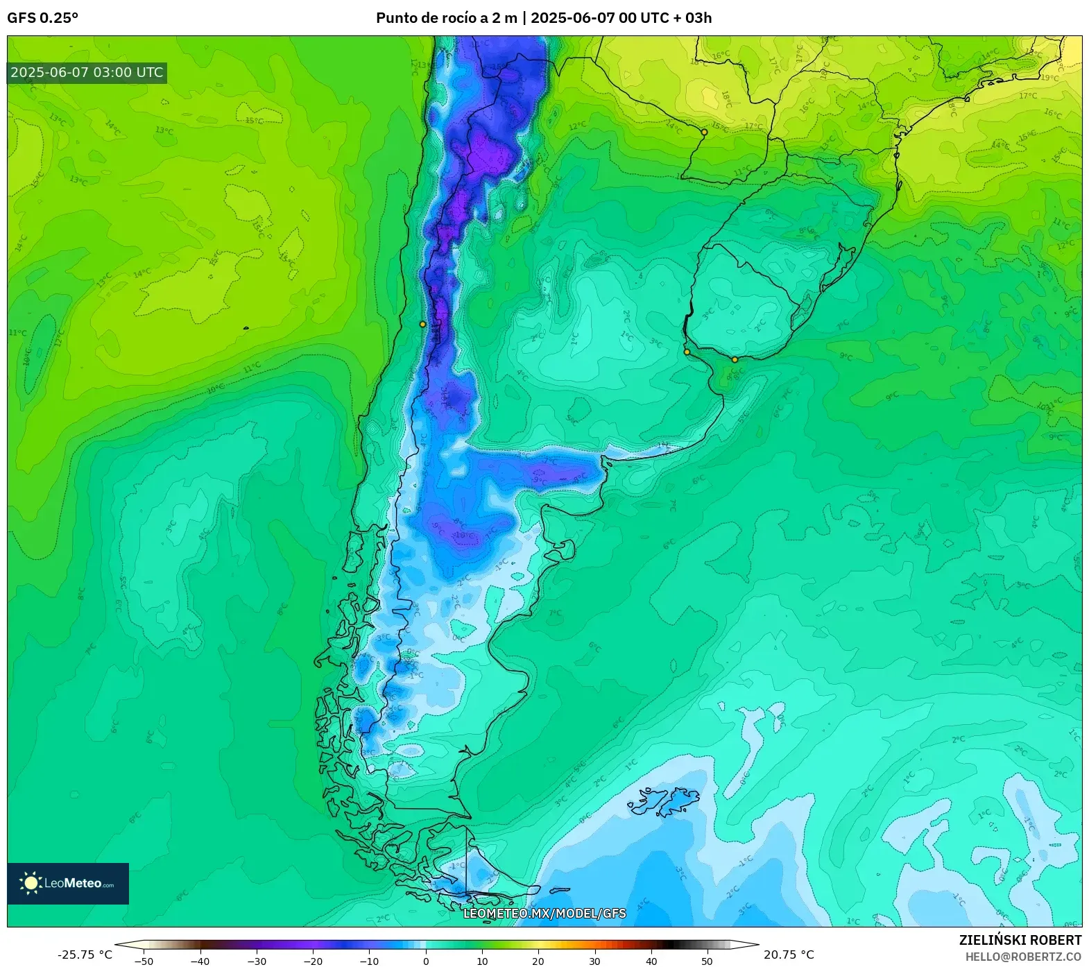 GFS model - Argentina, Punto de rocío a 2 m