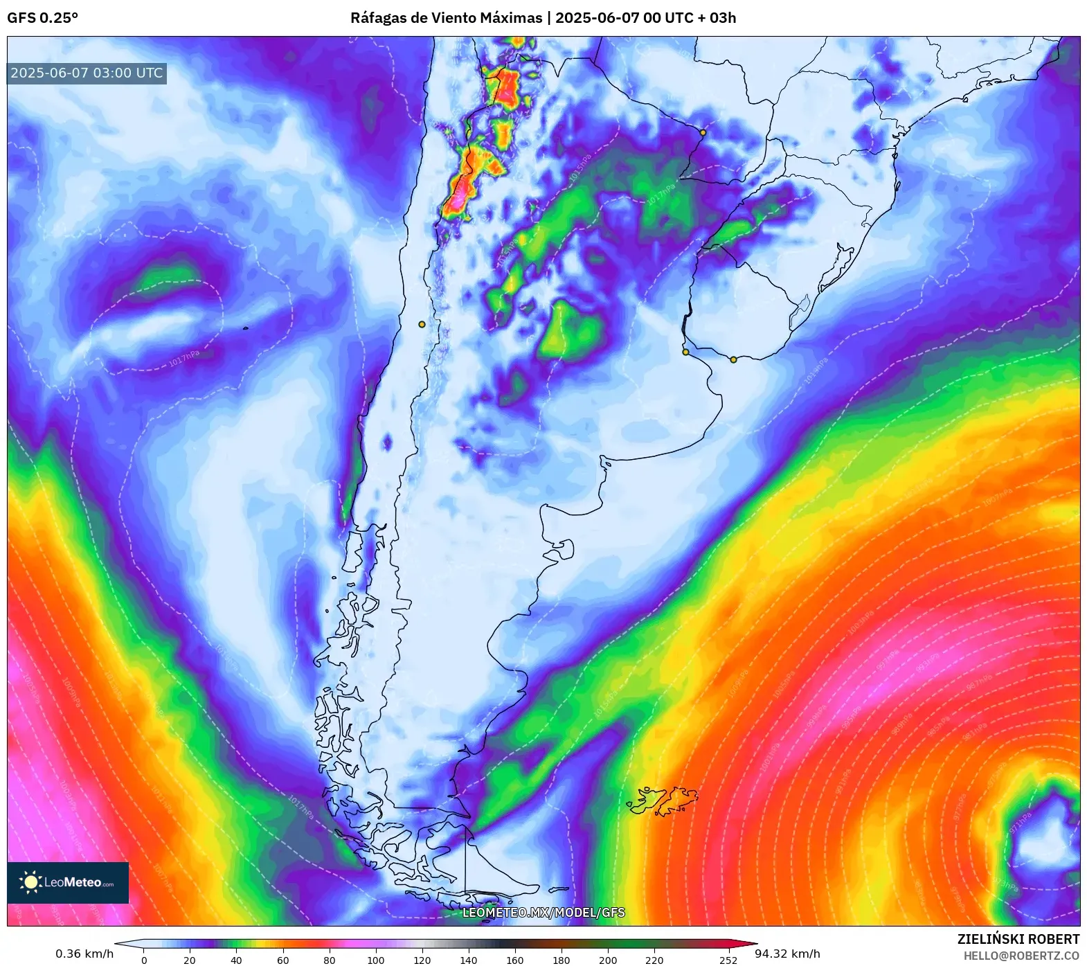 GFS model - Argentina, Ráfagas de Viento Máximas