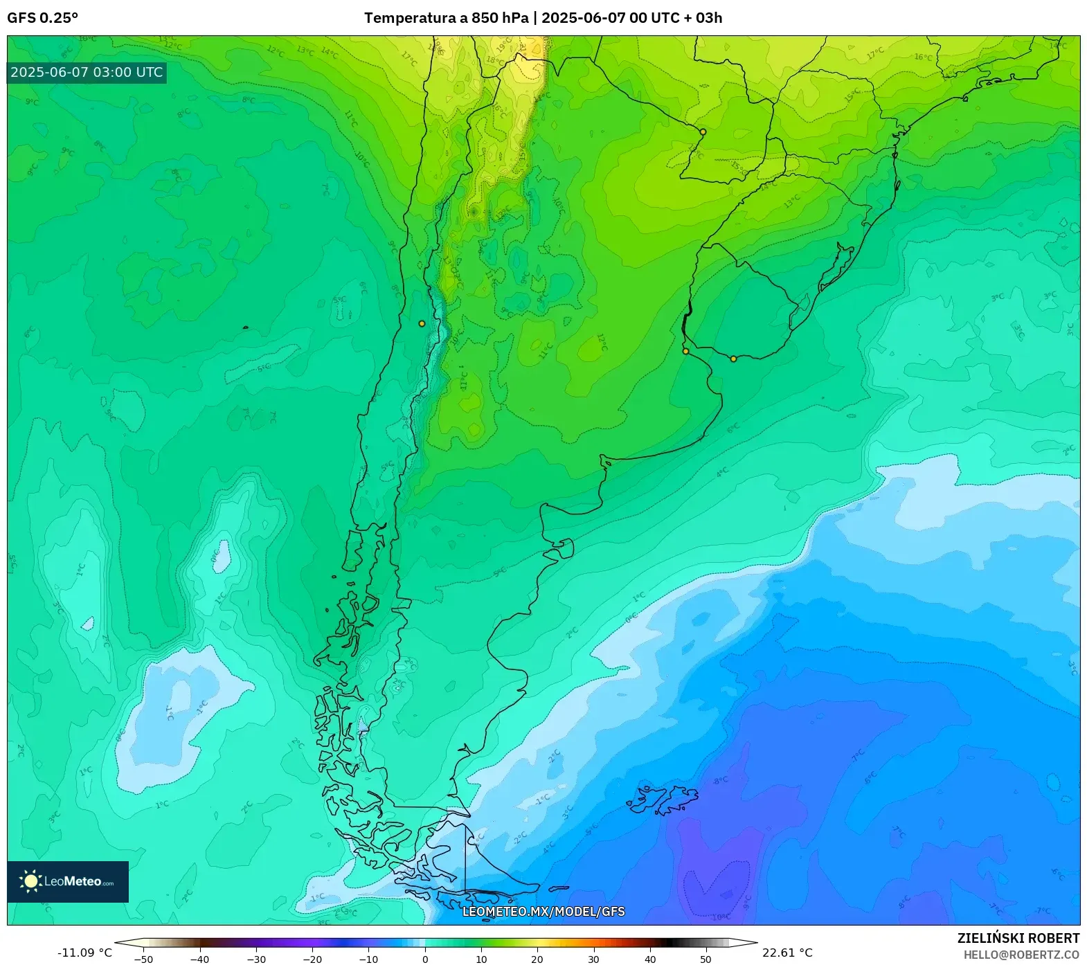 GFS model - Argentina, Temperatura a 850 hPa GFS model - Argentina, Temperatura a 850 hPa