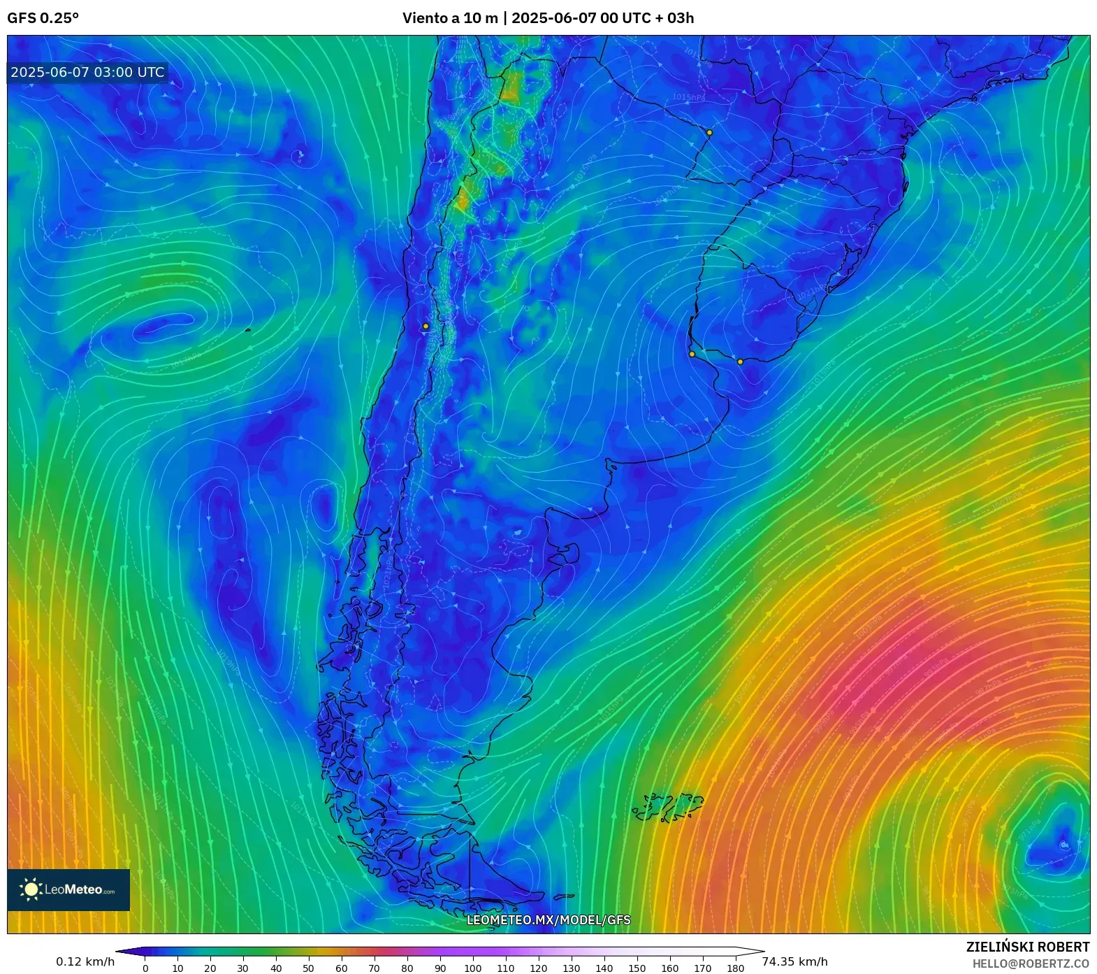 GFS model - Argentina, Viento a 10 m