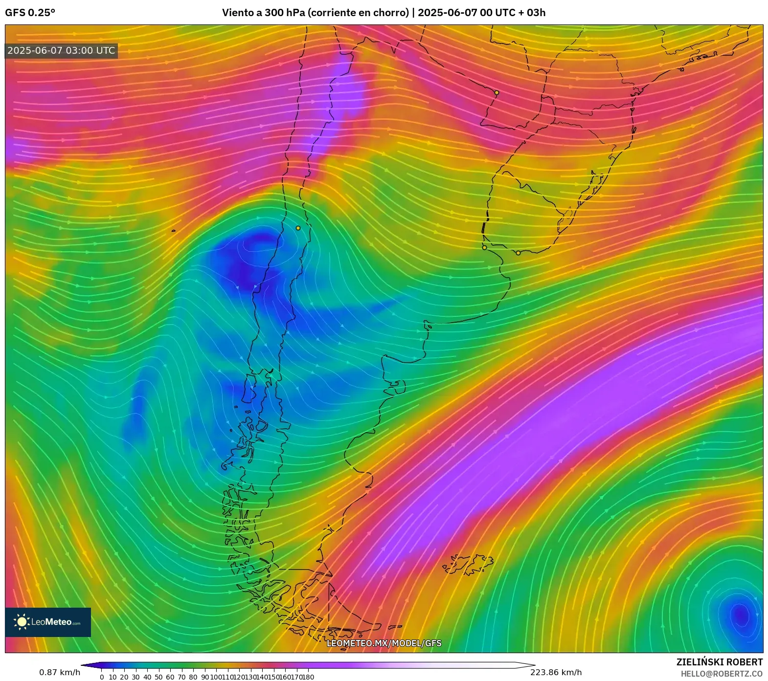 GFS model - Argentina, Viento a 300 hPa (corriente en chorro) GFS model - Argentina, Viento a 300 hPa (corriente en chorro)