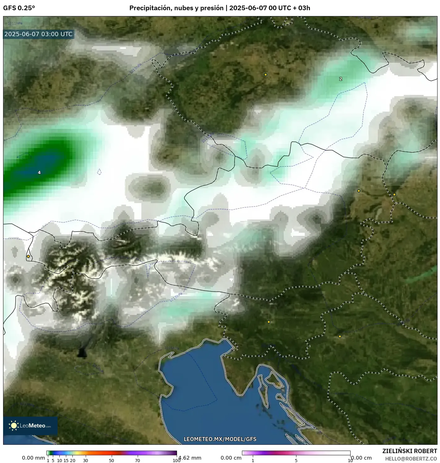 GFS model - Austria, Precipitación, nubes y presión GFS model - Austria, Precipitación, nubes y presión