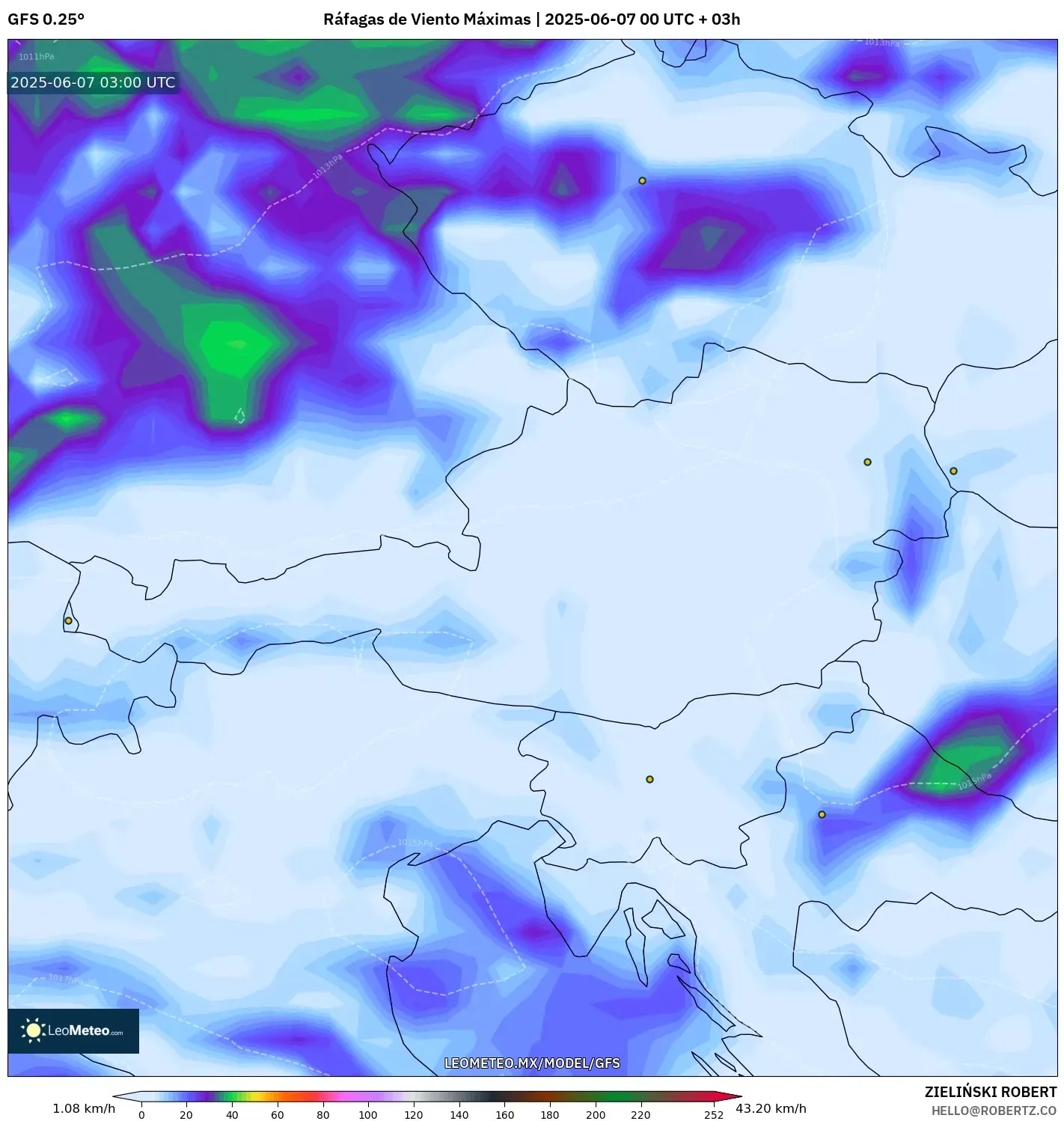 GFS model - Austria, Ráfagas de Viento Máximas GFS model - Austria, Ráfagas de Viento Máximas