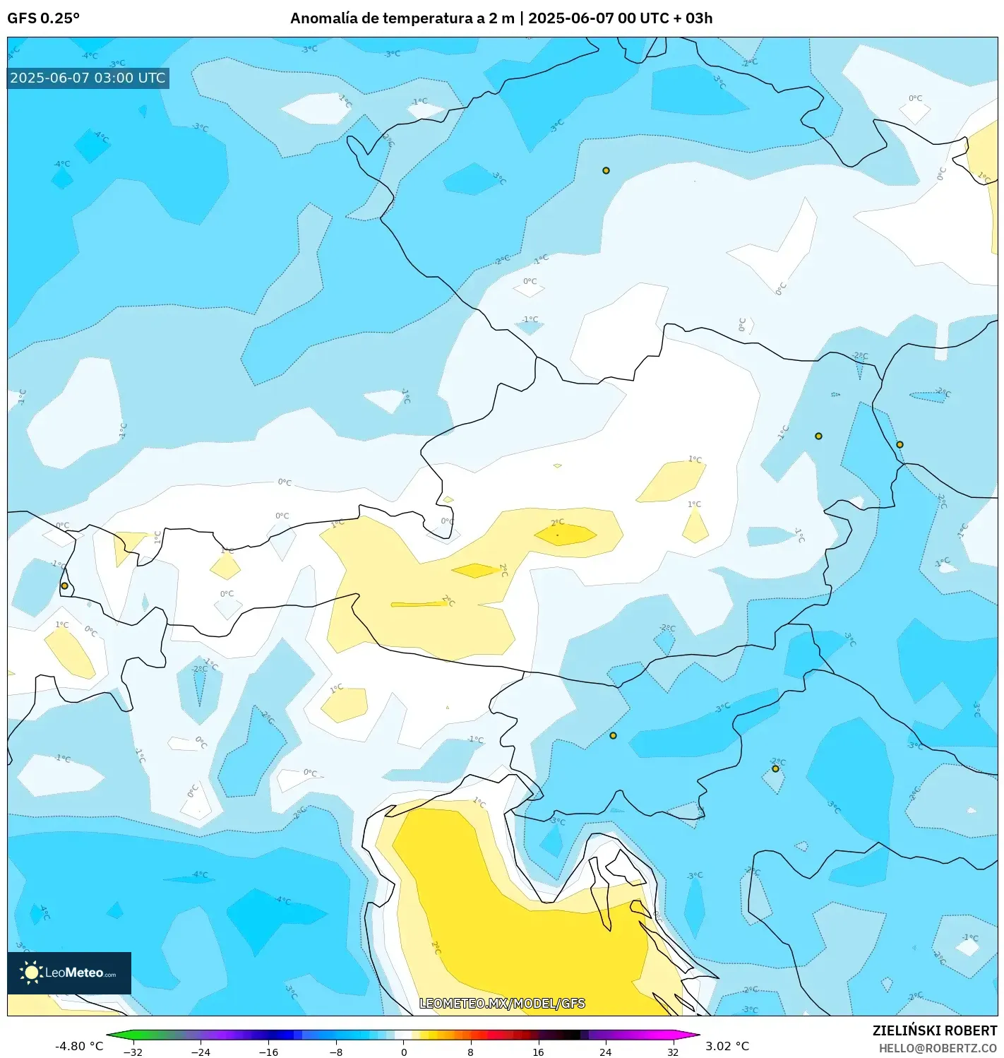 GFS model - Austria, Anomalía de temperatura a 2 m GFS model - Austria, Anomalía de temperatura a 2 m