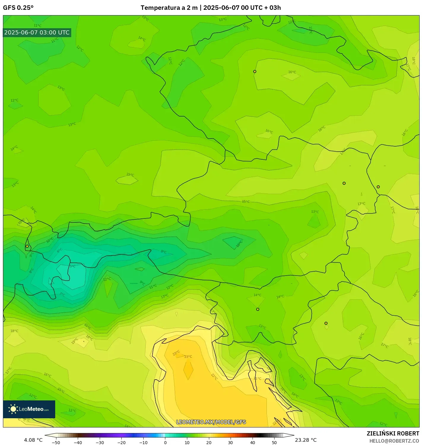 GFS model - Austria, Temperatura a 2 m GFS model - Austria, Temperatura a 2 m