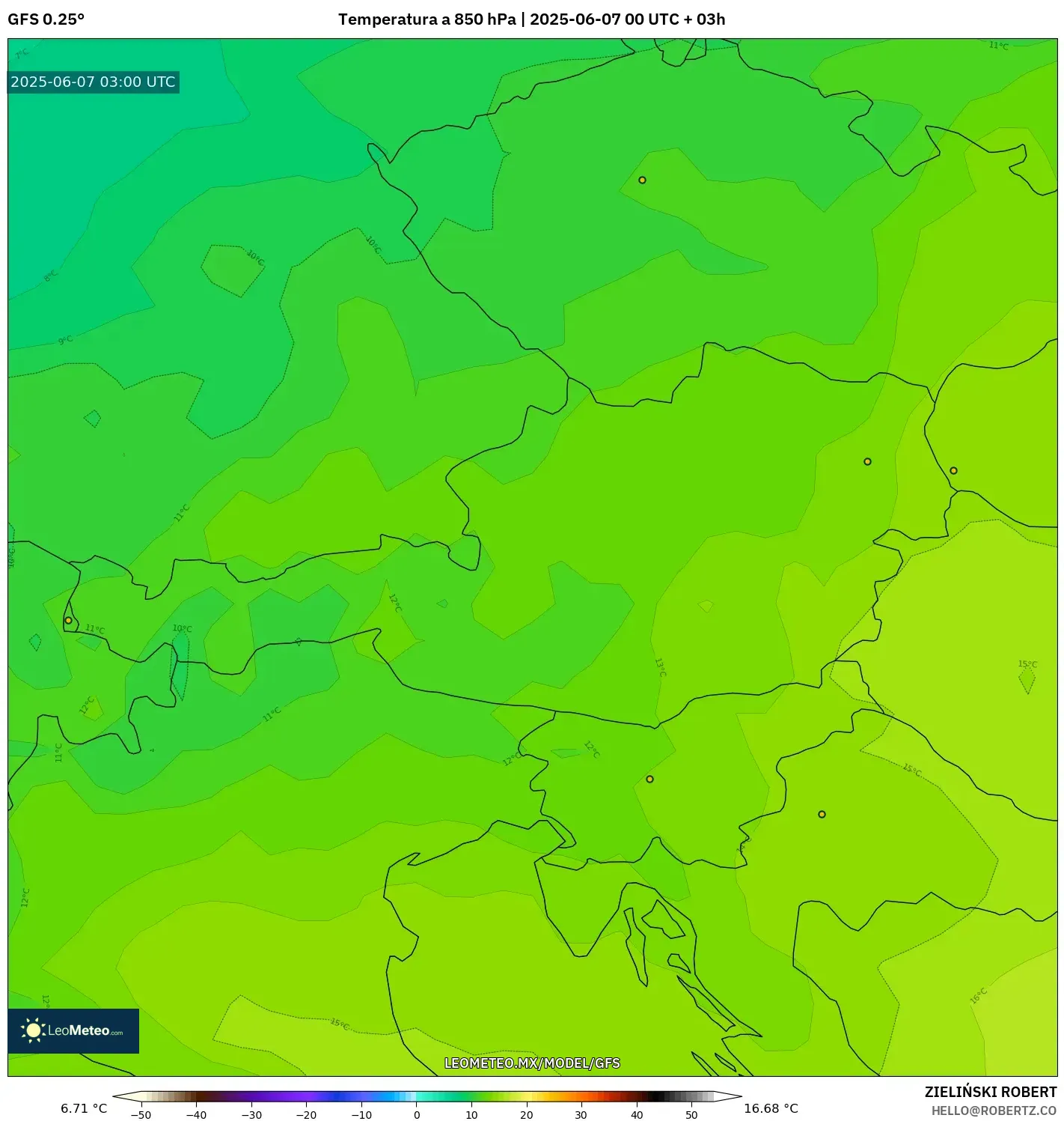 GFS model - Austria, Temperatura a 850 hPa GFS model - Austria, Temperatura a 850 hPa