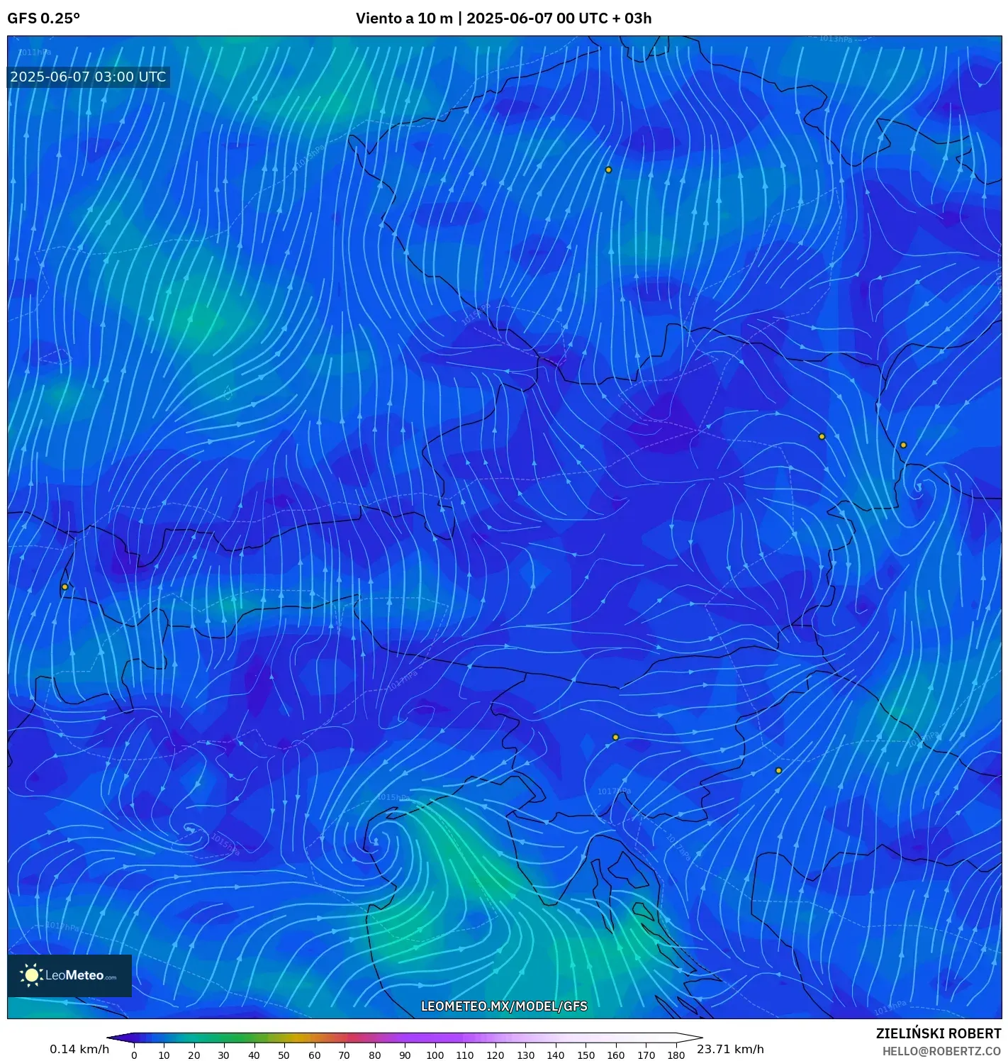 GFS model - Austria, Viento a 10 m GFS model - Austria, Viento a 10 m