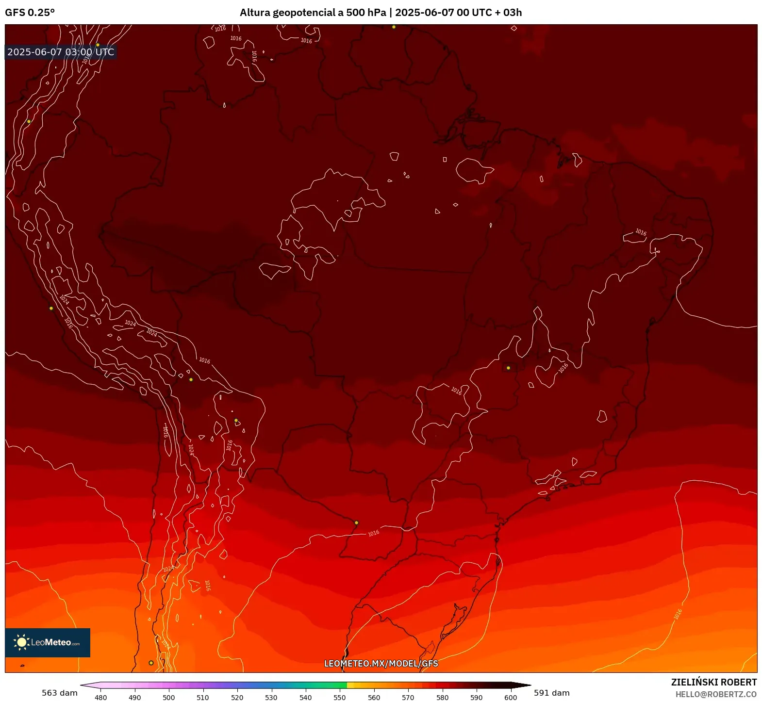 GFS model - Brasil, Altura geopotencial a 500 hPa