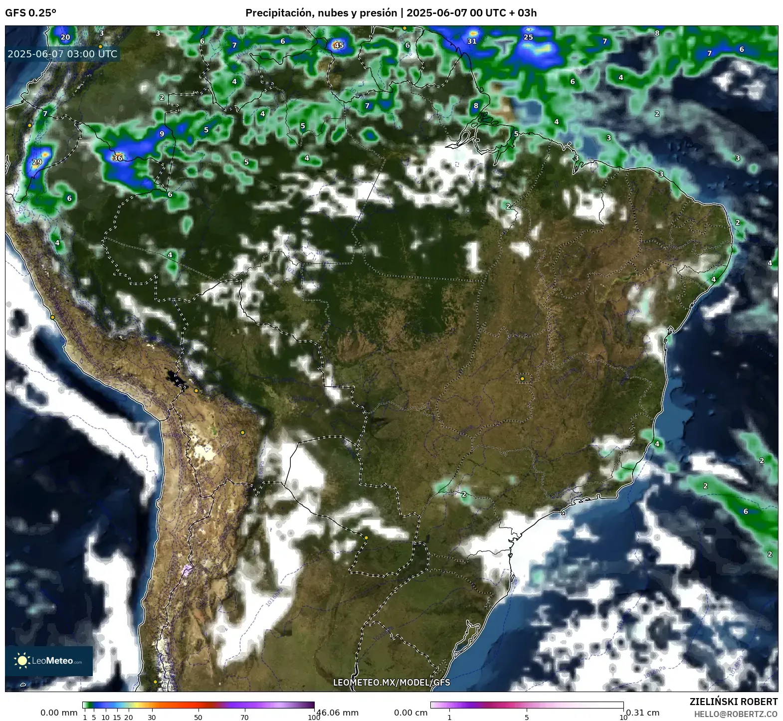 GFS model - Brasil, Precipitación, nubes y presión GFS model - Brasil, Precipitación, nubes y presión