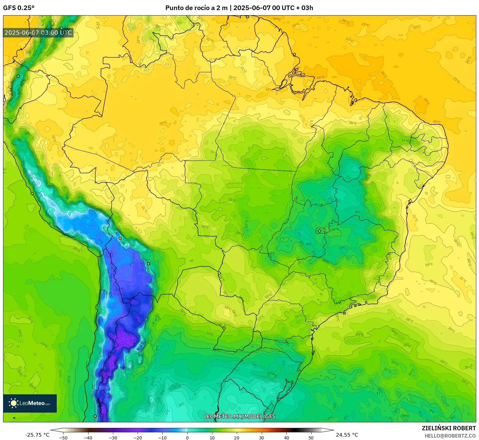 GFS model - Brasil, Punto de rocío a 2 m GFS model - Brasil, Punto de rocío a 2 m
