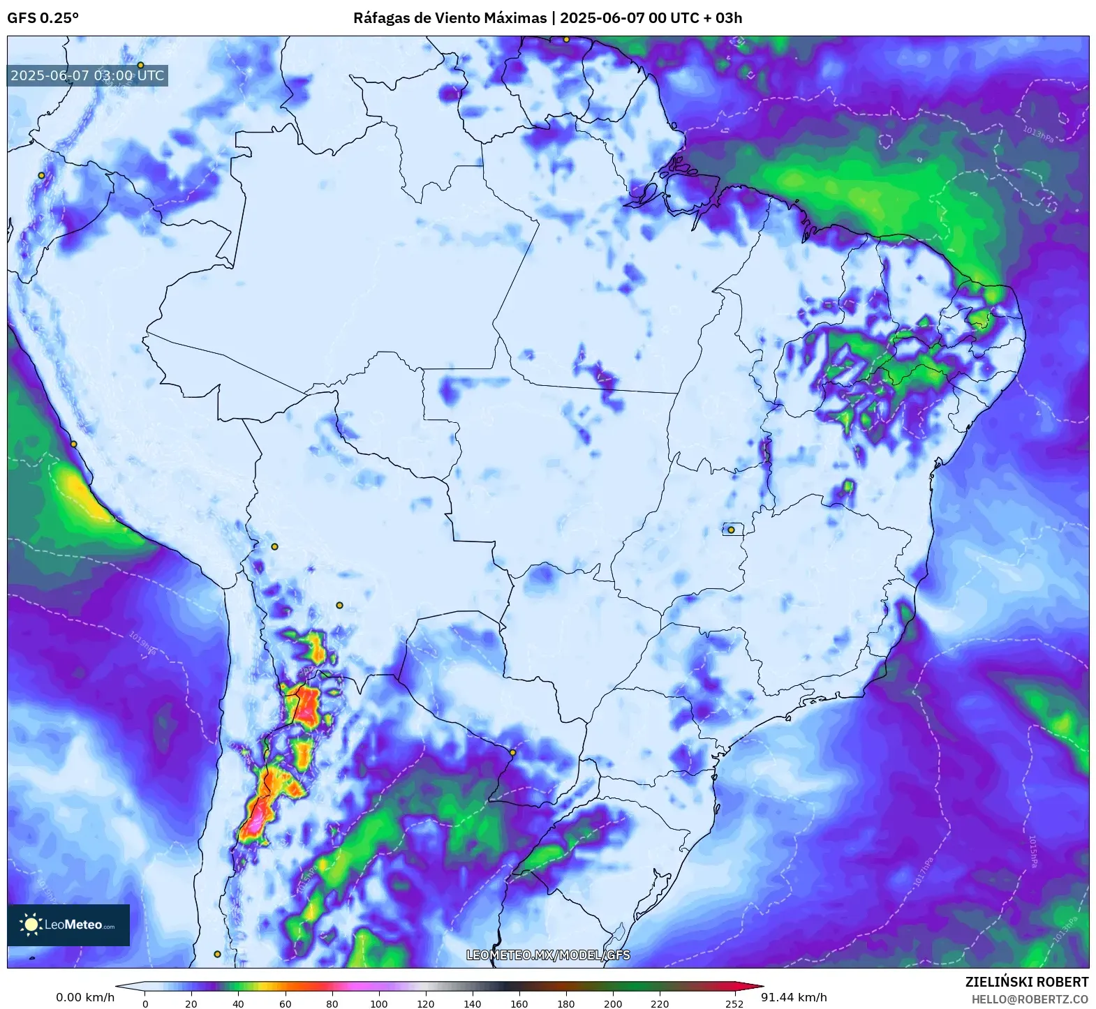 GFS model - Brasil, Ráfagas de Viento Máximas GFS model - Brasil, Ráfagas de Viento Máximas
