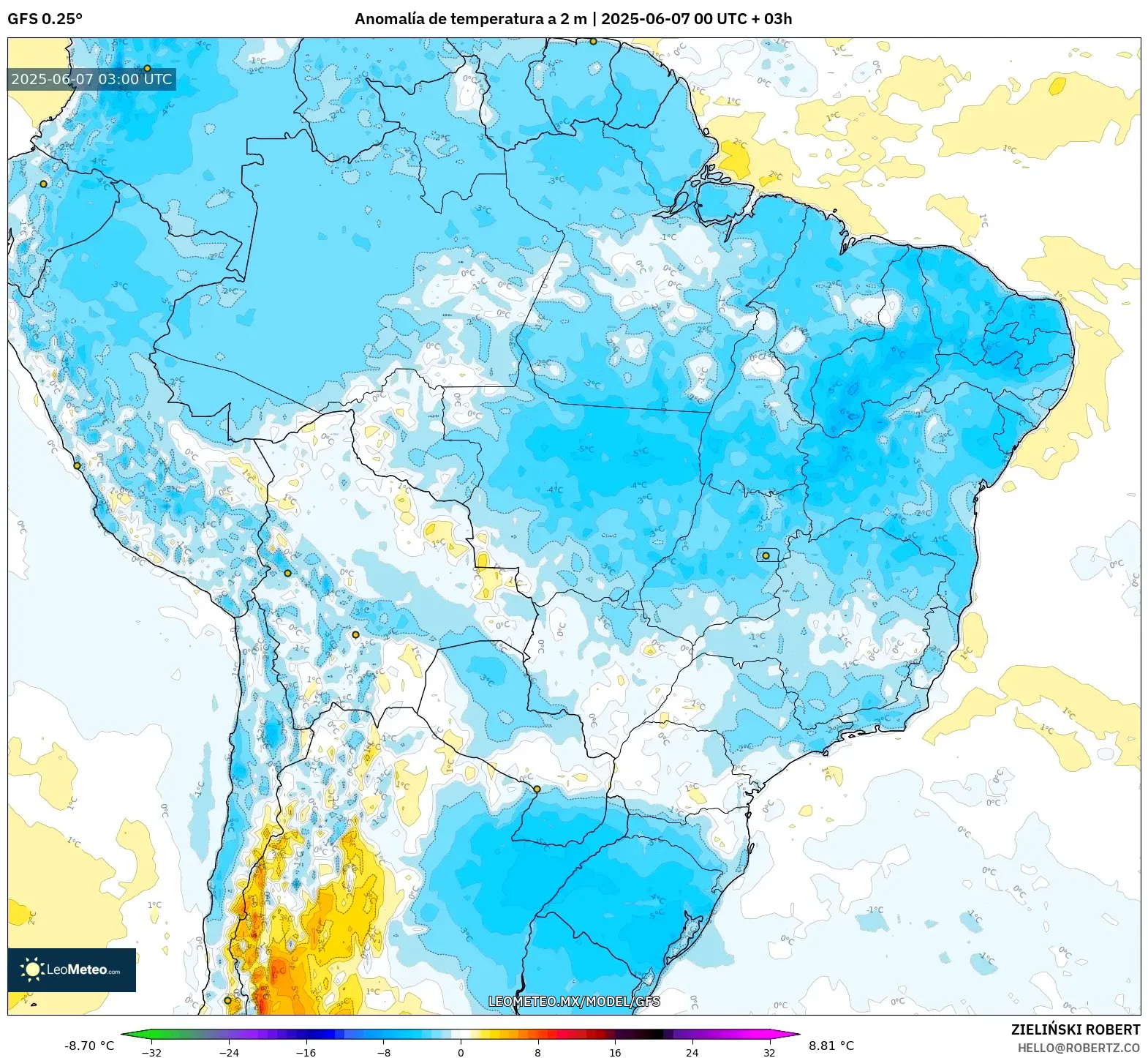 GFS model - Brasil, Anomalía de temperatura a 2 m GFS model - Brasil, Anomalía de temperatura a 2 m