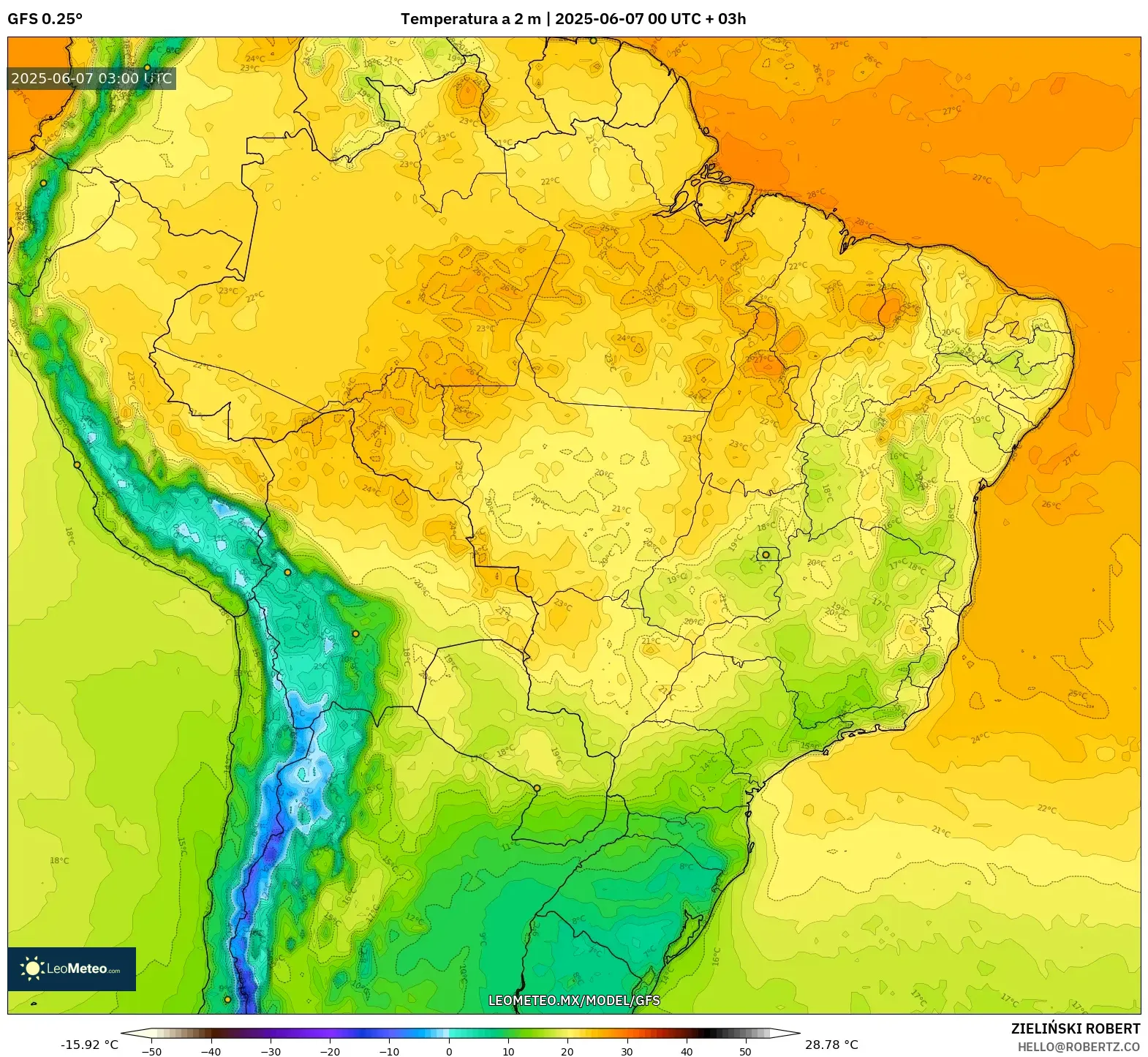 GFS model - Brasil, Temperatura a 2 m GFS model - Brasil, Temperatura a 2 m