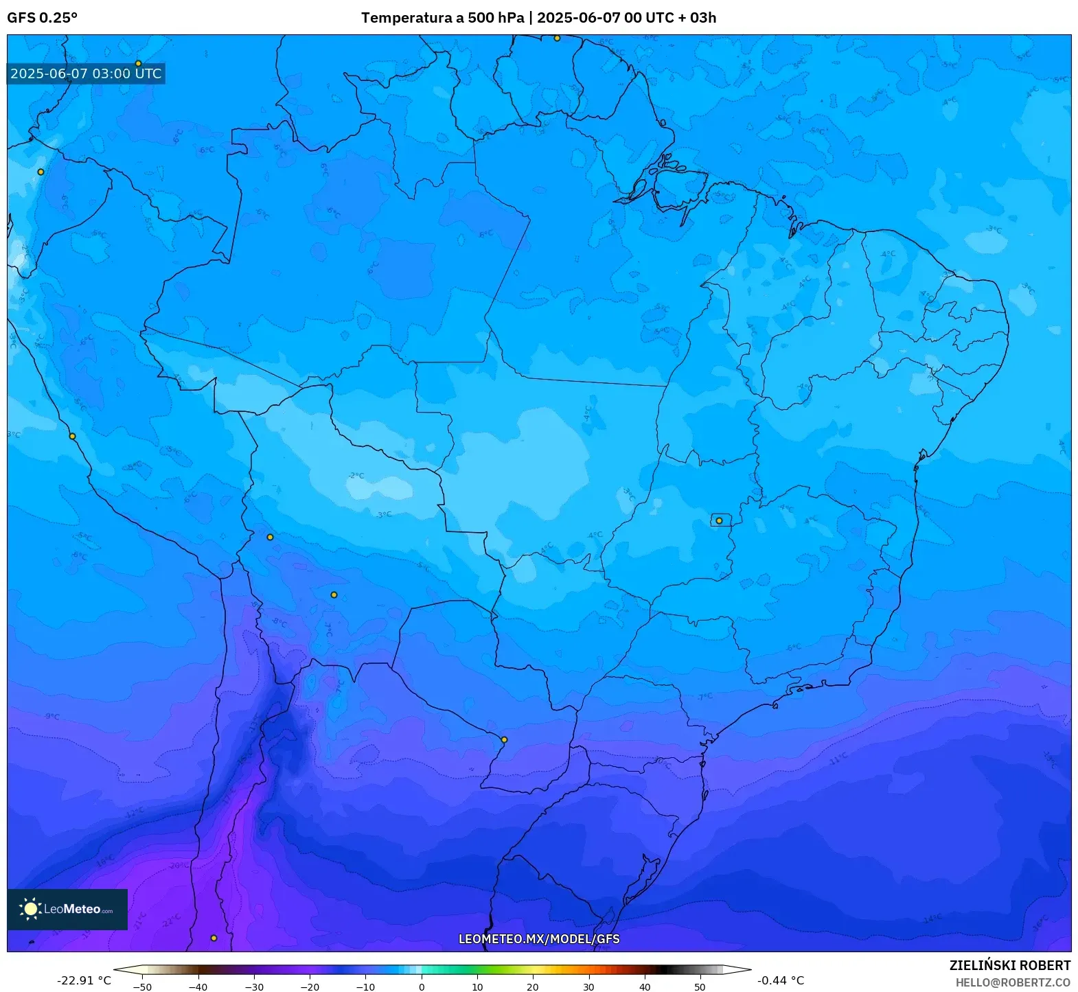 GFS model - Brasil, Temperatura a 500 hPa GFS model - Brasil, Temperatura a 500 hPa