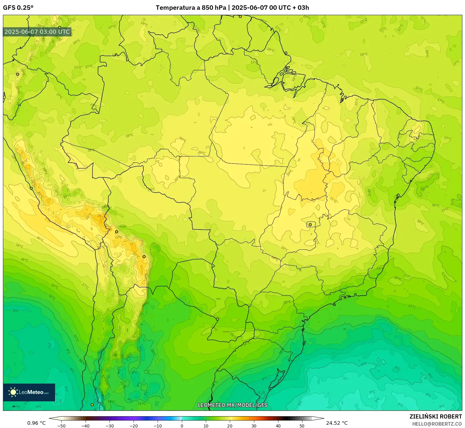GFS model - Brasil, Temperatura a 850 hPa GFS model - Brasil, Temperatura a 850 hPa