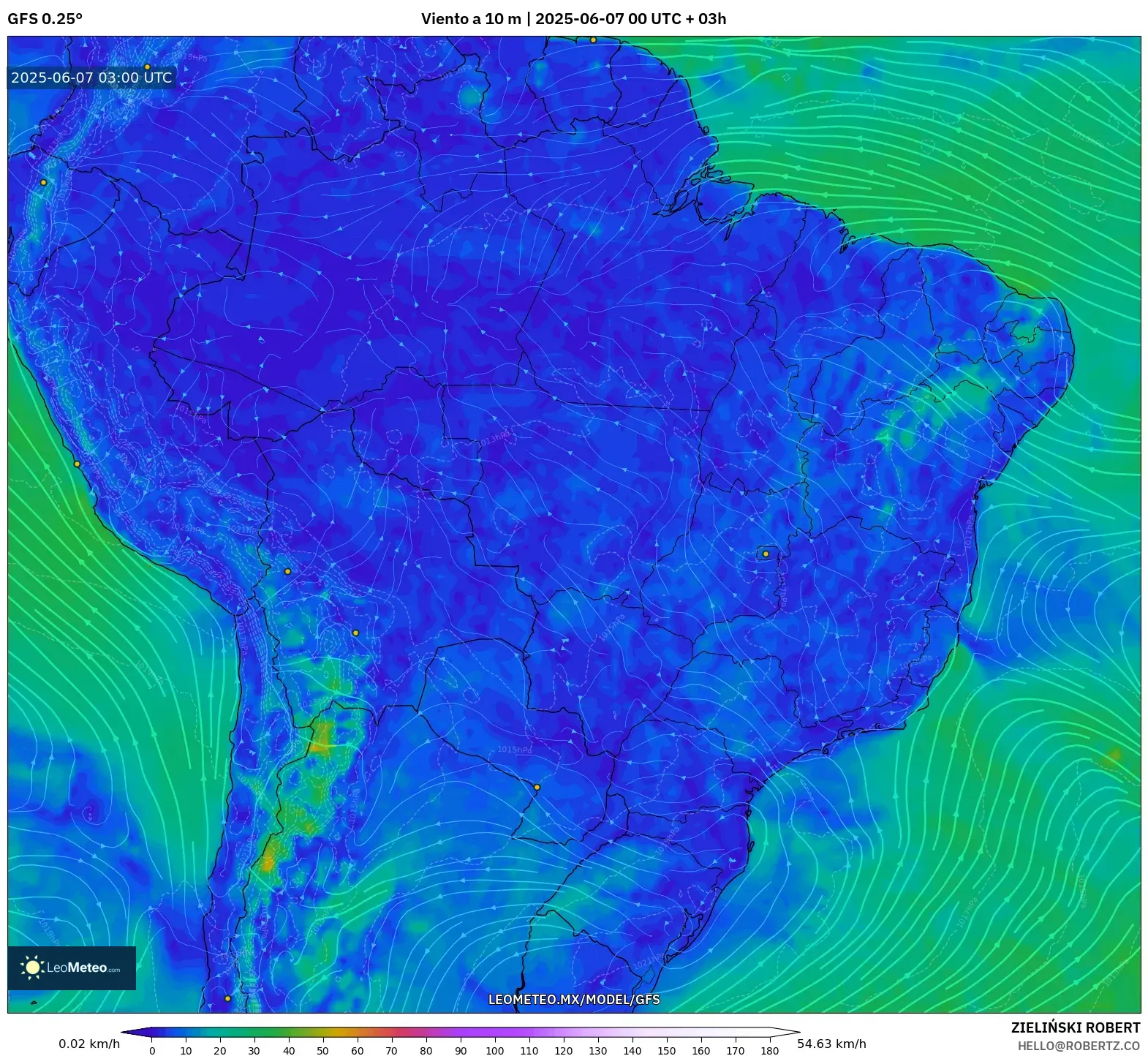 GFS model - Brasil, Viento a 10 m GFS model - Brasil, Viento a 10 m
