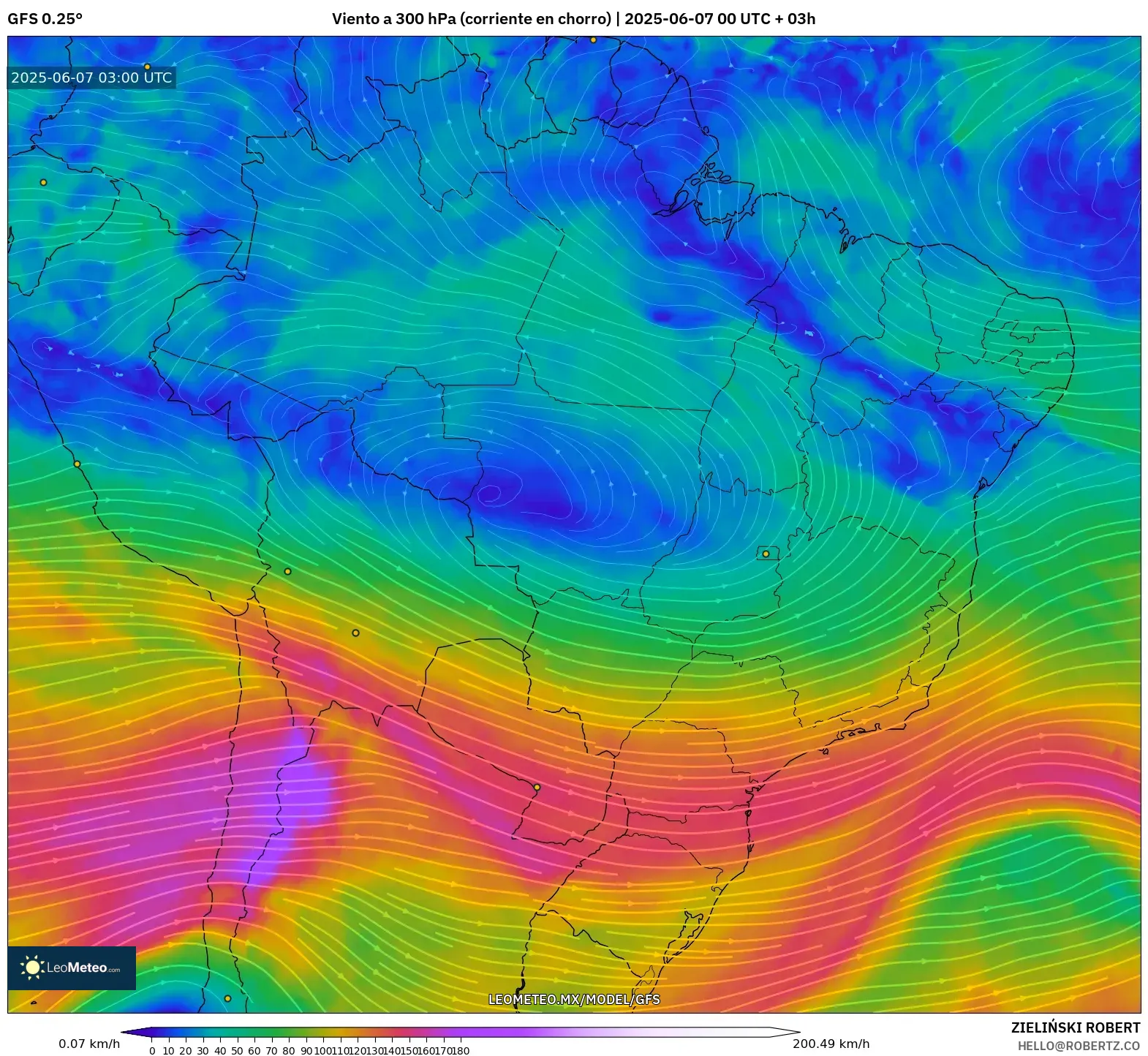 GFS model - Brasil, Viento a 300 hPa (corriente en chorro) GFS model - Brasil, Viento a 300 hPa (corriente en chorro)