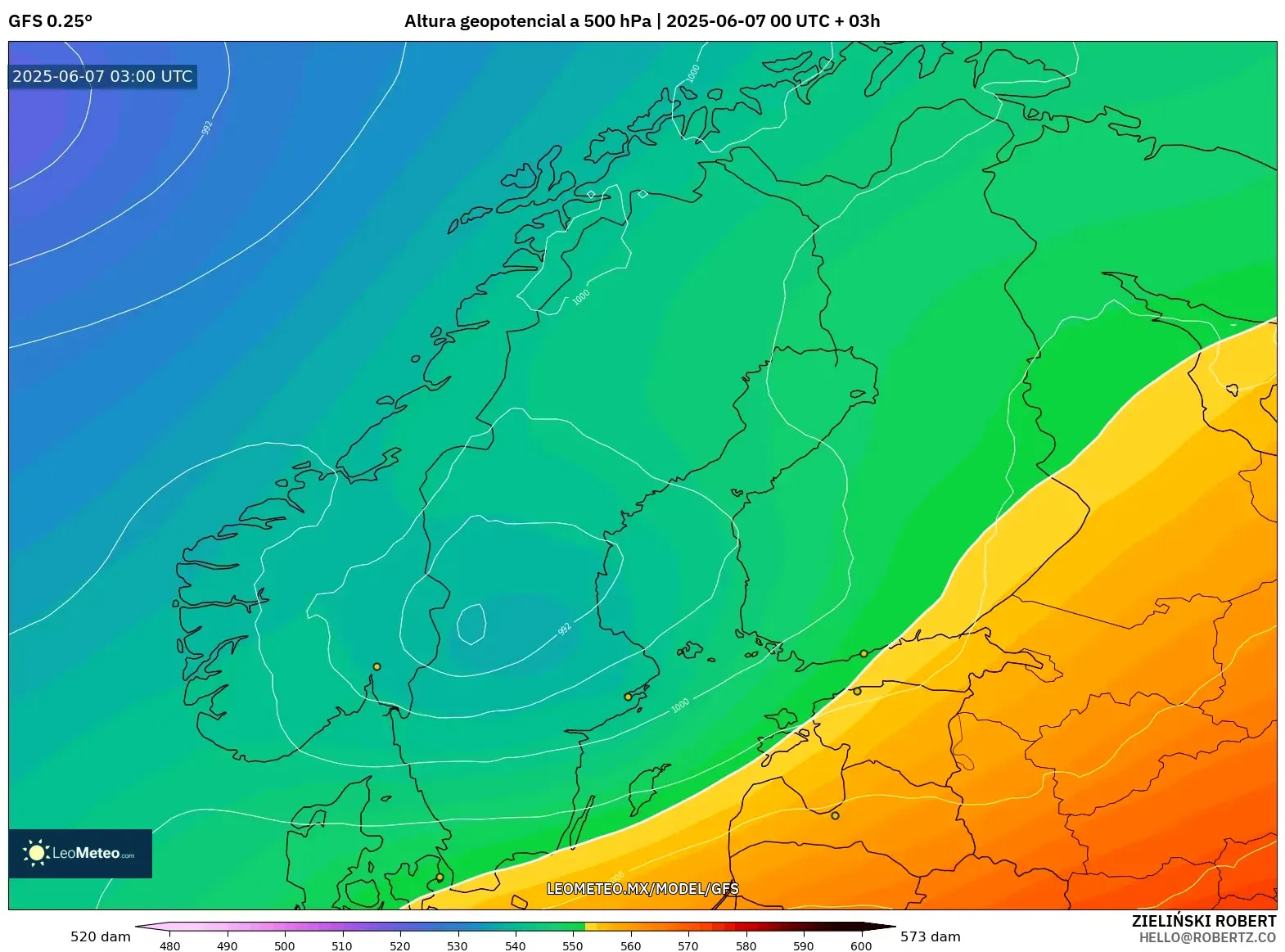 GFS model - Escandinavia, Altura geopotencial a 500 hPa GFS model - Escandinavia, Altura geopotencial a 500 hPa