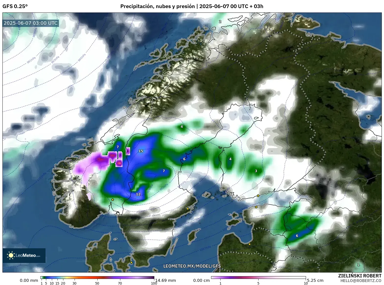 GFS model - Escandinavia, Precipitación, nubes y presión GFS model - Escandinavia, Precipitación, nubes y presión